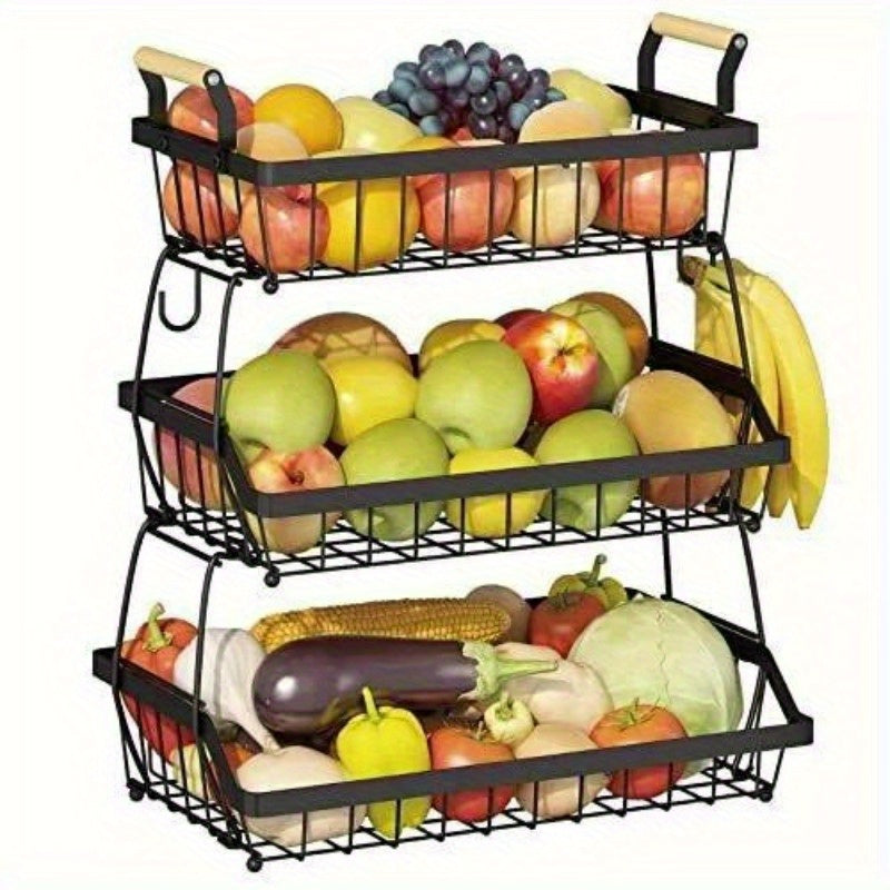 3 Tier Fruit Basket Bowl Farmhouse with Side hooks for Kitchen Countertop, Detachable Metal Bread Fruit Vegetable Storage Basket Stand Holder with Wooden Handle, Black