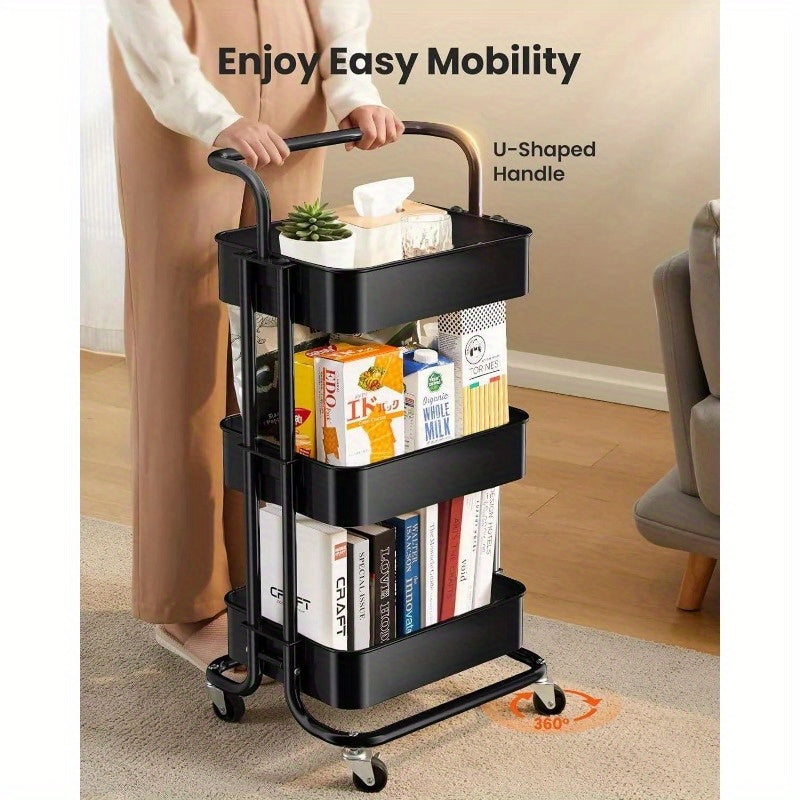 Rolling Trolley With Wheels Bathtub Manager Tolley Rolling Metal Tissue Trolley Handle -Black