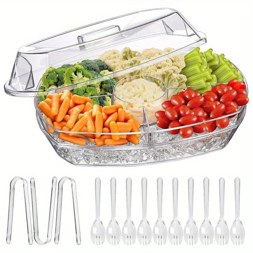 Fruit & Veggie Ice Tray with Lid - 4-Compartment Cold Food Buffet Server for Shrimp, Appetizers, Party Platters | Includes 3 Tongs & 10 Sporks