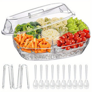 Fruit & Veggie Ice Tray with Lid - 4-Compartment Cold Food Buffet Server for Shrimp, Appetizers, Party Platters | Includes 3 Tongs & 10 Sporks