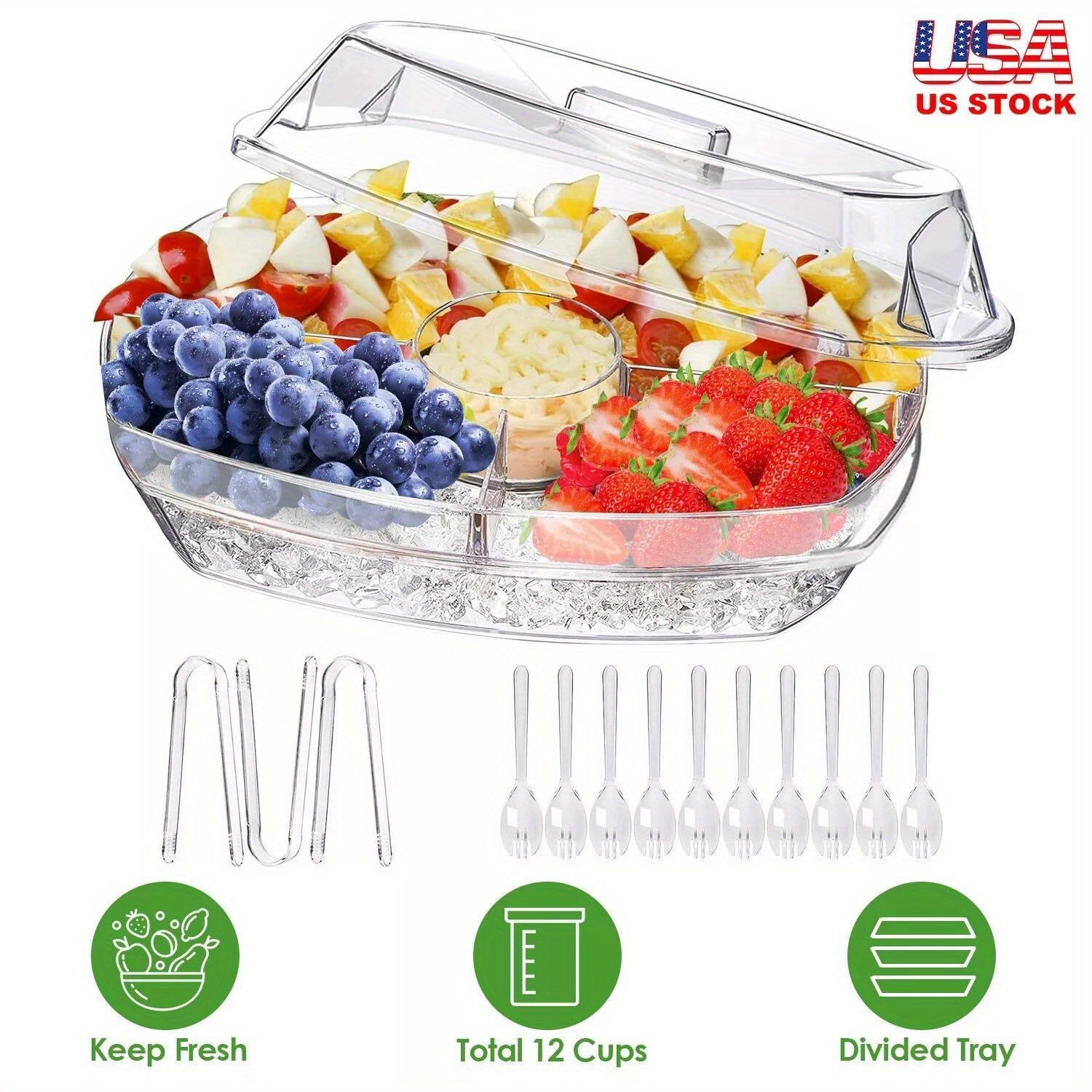 Fruit & Veggie Ice Tray with Lid - 4-Compartment Cold Food Buffet Server for Shrimp, Appetizers, Party Platters | Includes 3 Tongs & 10 Sporks