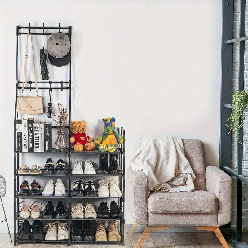 5-Tier Black Shoe Rack & Coat Organizer | Space-Saving Closet Shoe Shelf with Non-Woven Fabric