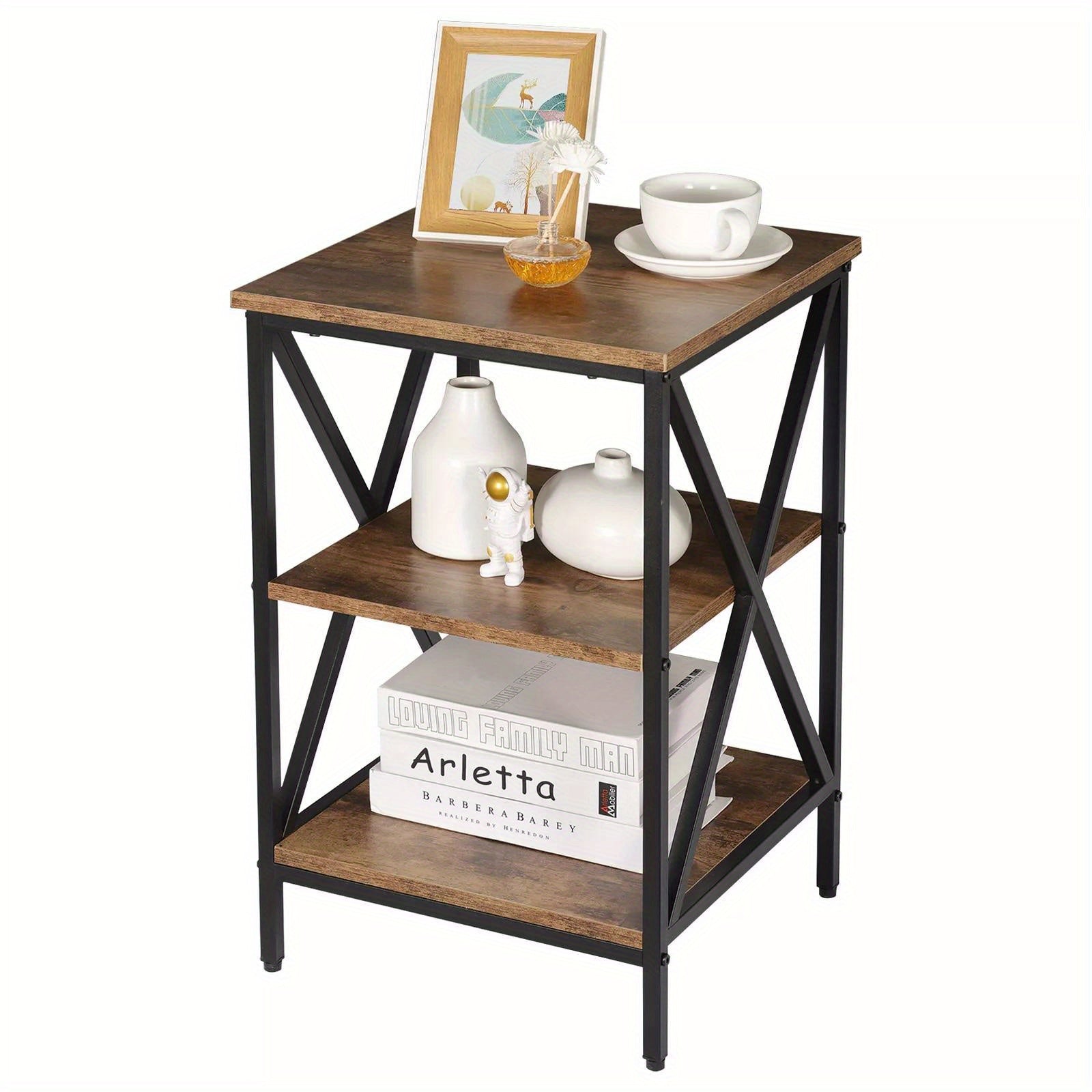 Black & Brown Metal Frame X-Design Bookshelf Storage Organizer Display Rack