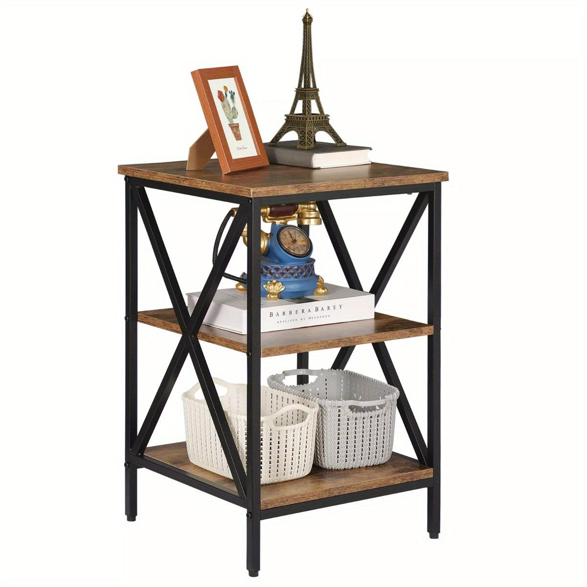 Black & Brown Metal Frame X-Design Bookshelf Storage Organizer Display Rack