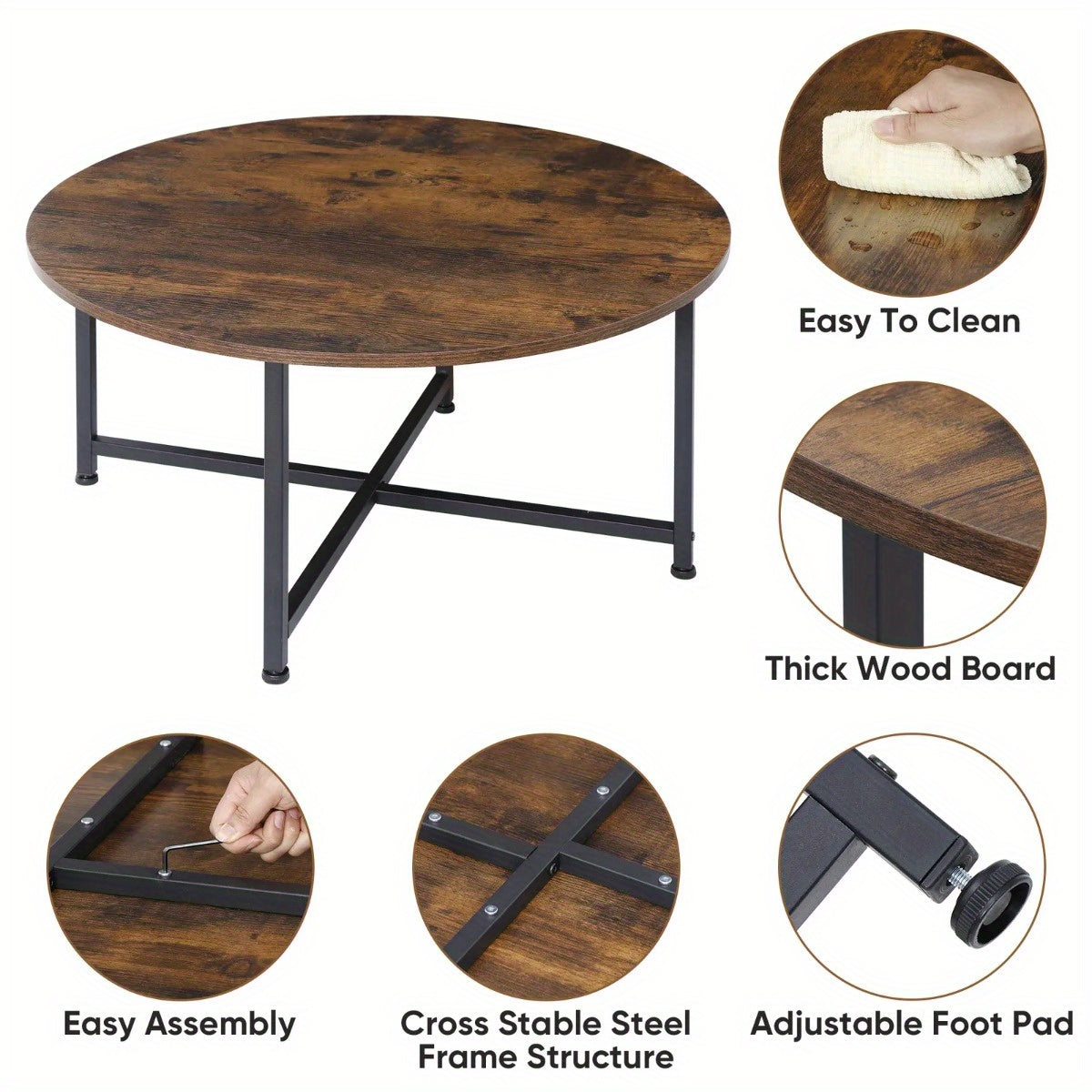 Round Wood Coffee Table - Black Tea Table for Home & Office Use