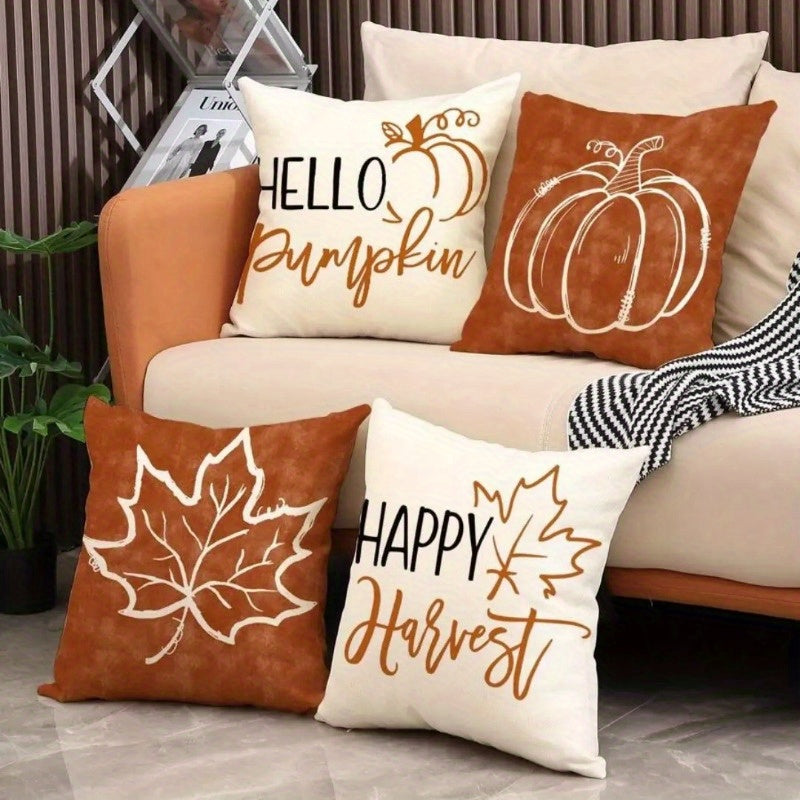 4pcs Pillow Cover Linen Autumn Thanksgiving Pumpkin & Maple Leaf Printed Cover