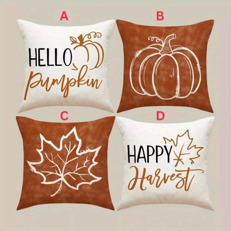 4pcs Pillow Cover Linen Autumn Thanksgiving Pumpkin & Maple Leaf Printed Cover