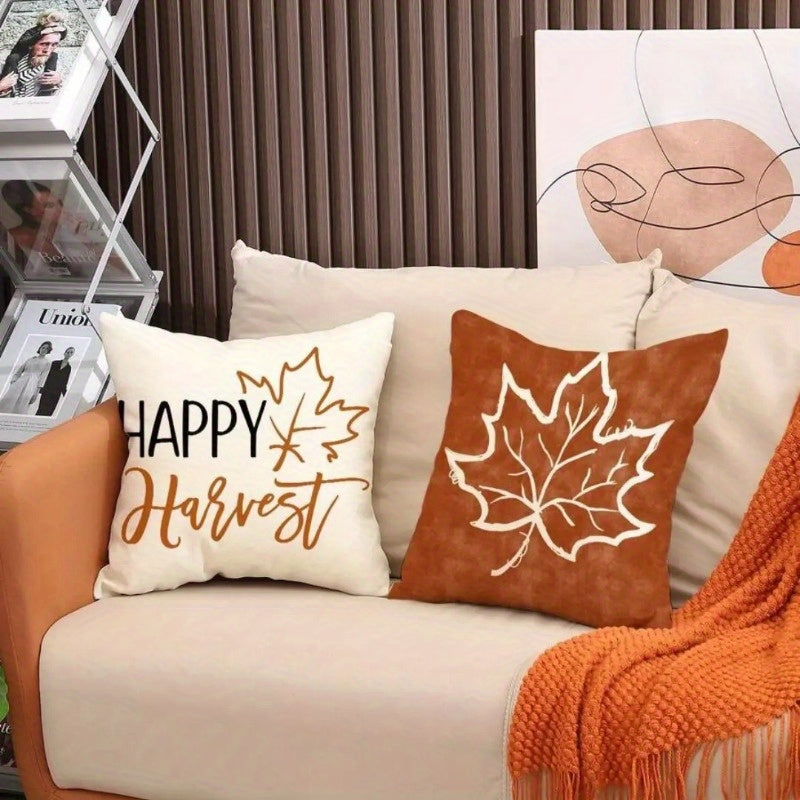 4pcs Pillow Cover Linen Autumn Thanksgiving Pumpkin & Maple Leaf Printed Cover