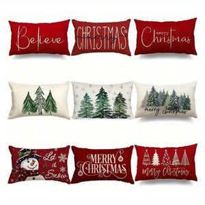 9pcs Merry Christmas Lumbar Pillow Snowman & Christmas Tree Print Cushion