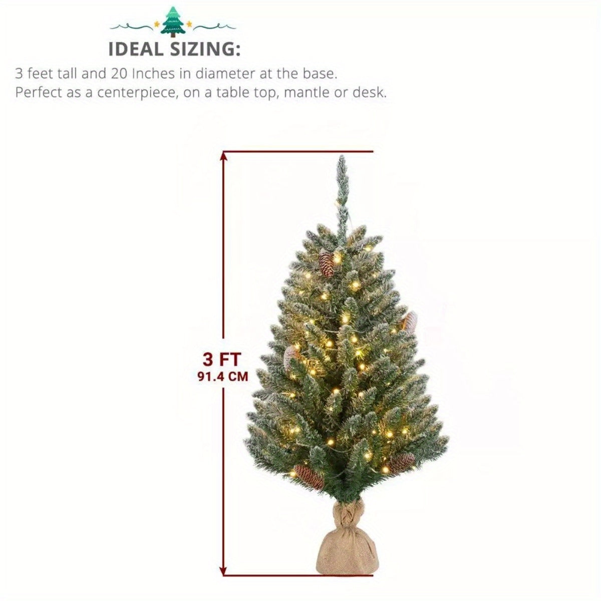 3 Feet Pre-Lit Artificial Christmas Tree with 100 LED Lights - Holiday Xmas Decor