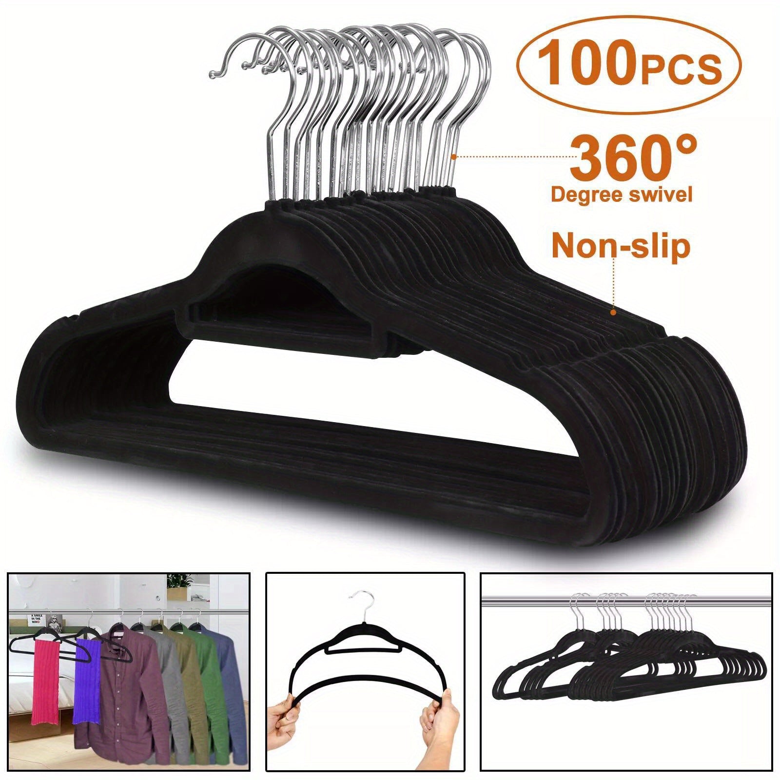 100PCS Black Velvet Non-Slip Clothes Hangers - Premium 360° Swivel Hook