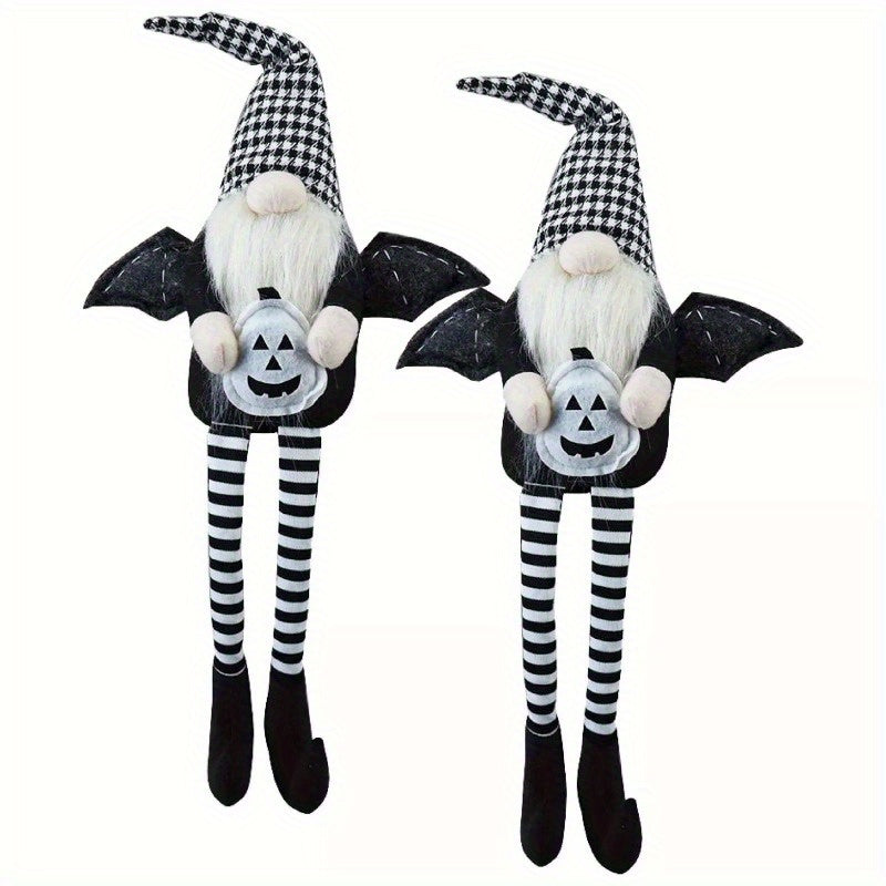 Set of 2, 4.3x3.5x23.5Inches - Fabric Sitting Black Gnome With Wings & Black-White Plaid Hat, for Halloween Decor