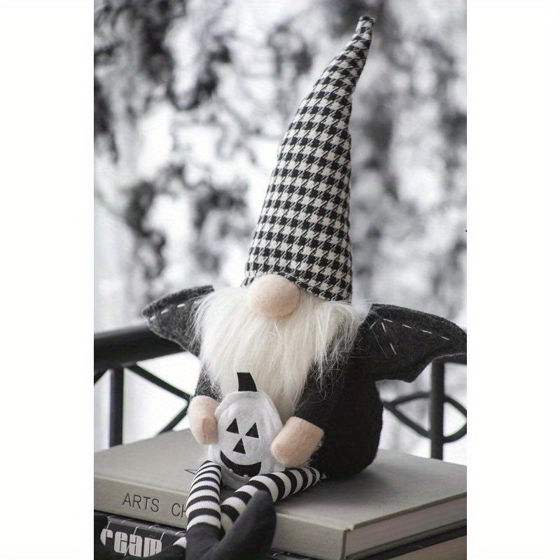 Set of 2, 4.3x3.5x23.5Inches - Fabric Sitting Black Gnome With Wings & Black-White Plaid Hat, for Halloween Decor