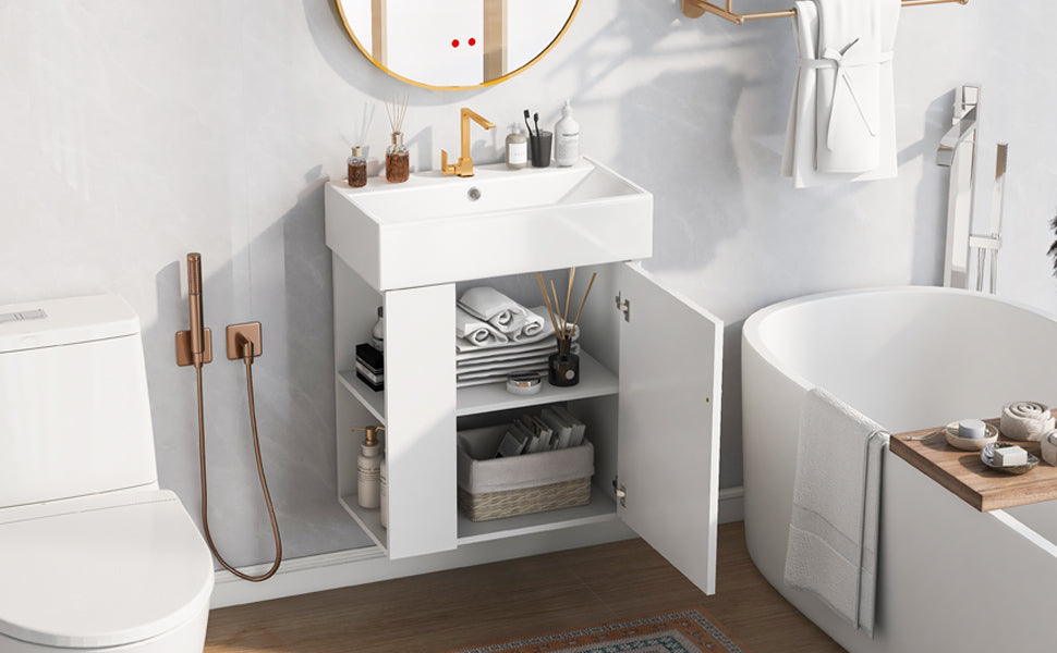 [Video]21.6inch Modern Floating Bathroom Vanity with Ceramic Basin - Perfect for Small Bathrooms, Left side storage