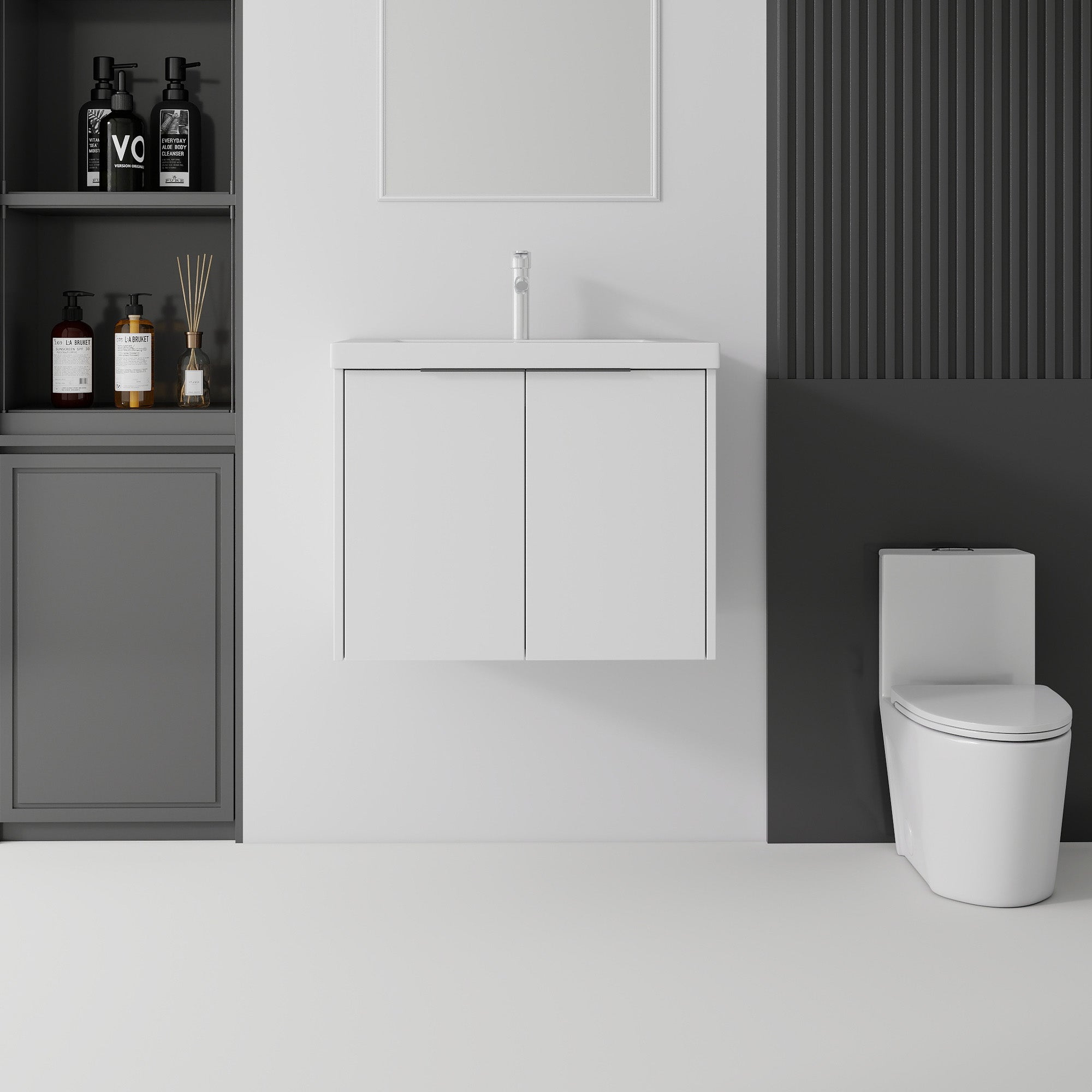 24 inch floating bathroom vanity in white with ceramic sink, front view