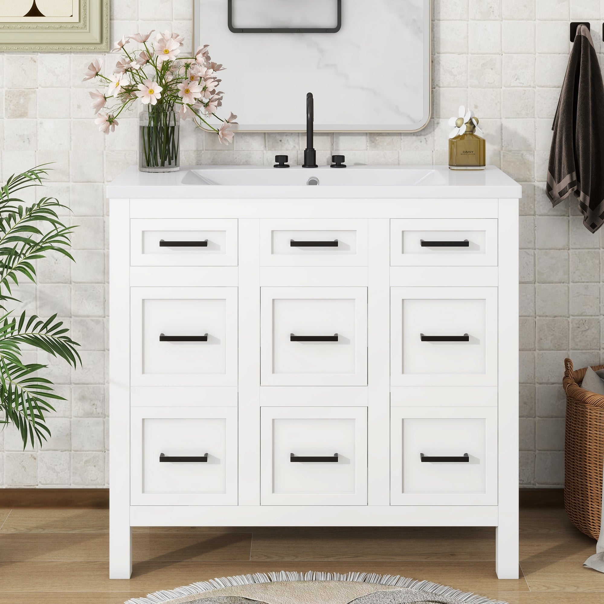 36" Bathroom Vanity Cabinet with Resin Integrated Sink - 4 Drawers, 2 Doors