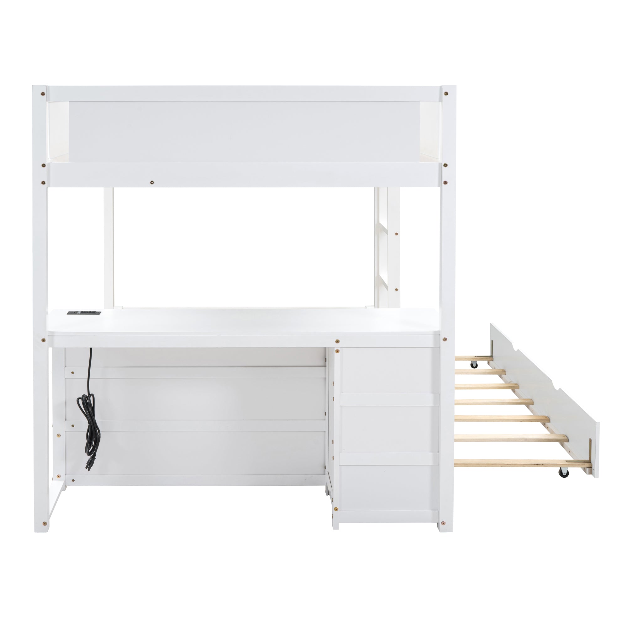 Full-Over-Full Bunk Bed with Twin size Trundle, Storage and Desk, White