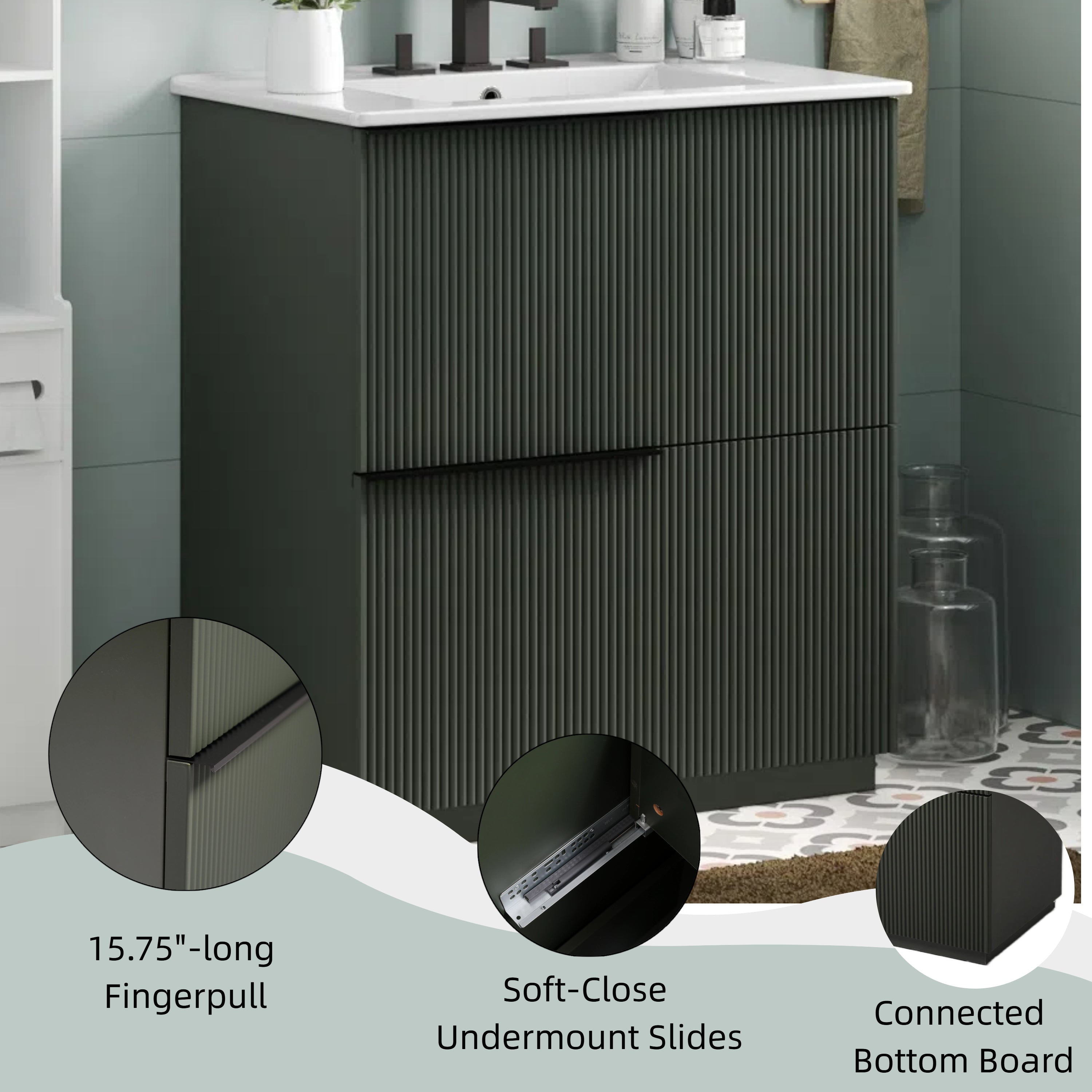 Green fluted bathroom vanity 30 inch styled in bathroom setting