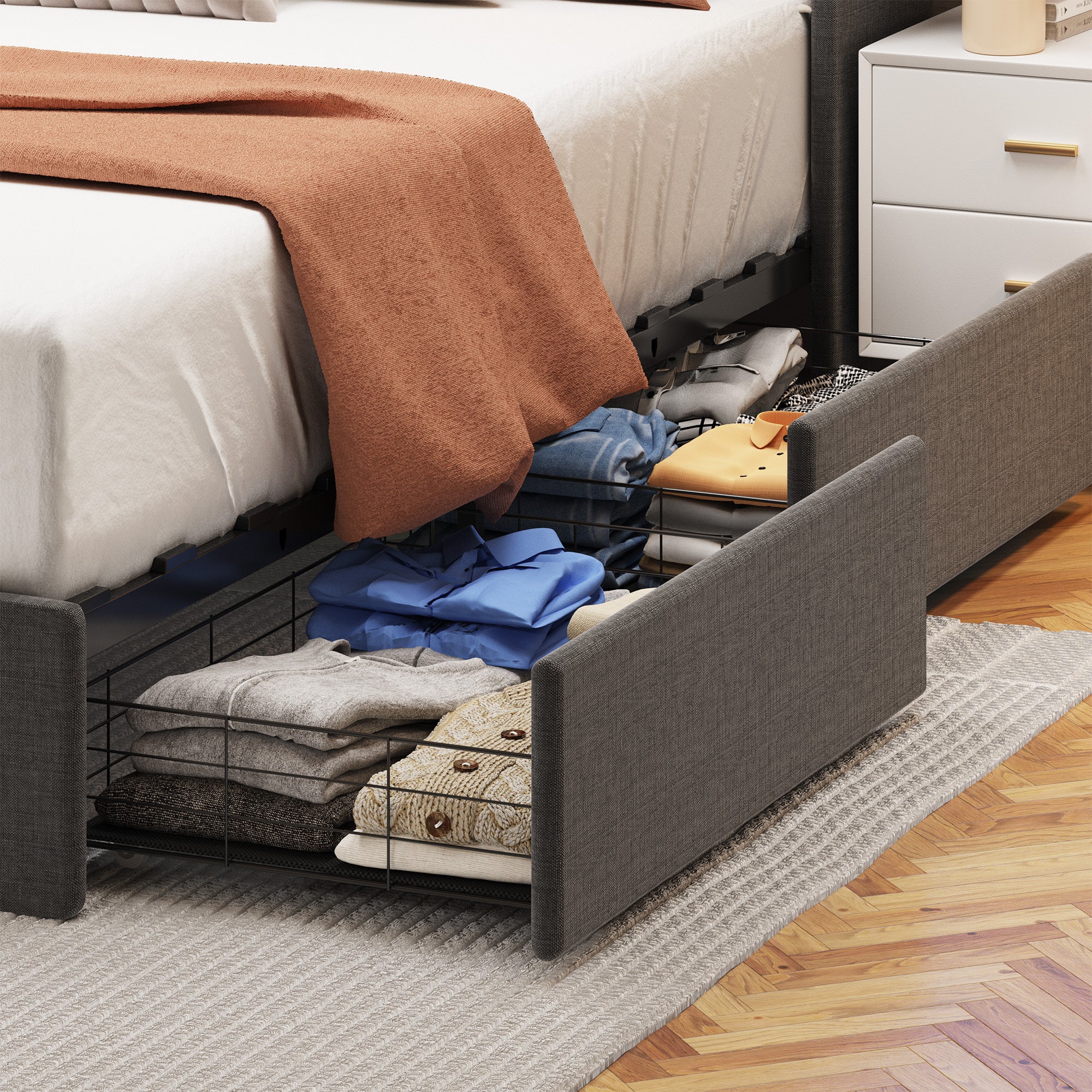 Full Size Bed Frame with LED, 4 Under-bed Portable Storage Drawers, Wings Headboard Design, Dark Grey