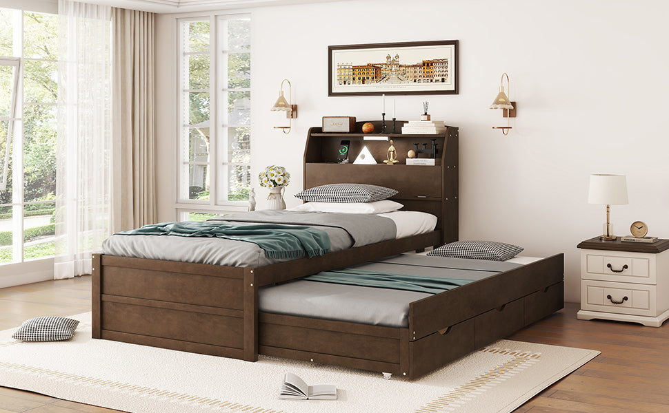 Twin Size Wooden LED Platform Bed with Trundle, with Storage Headboard, with Drawers, Brown