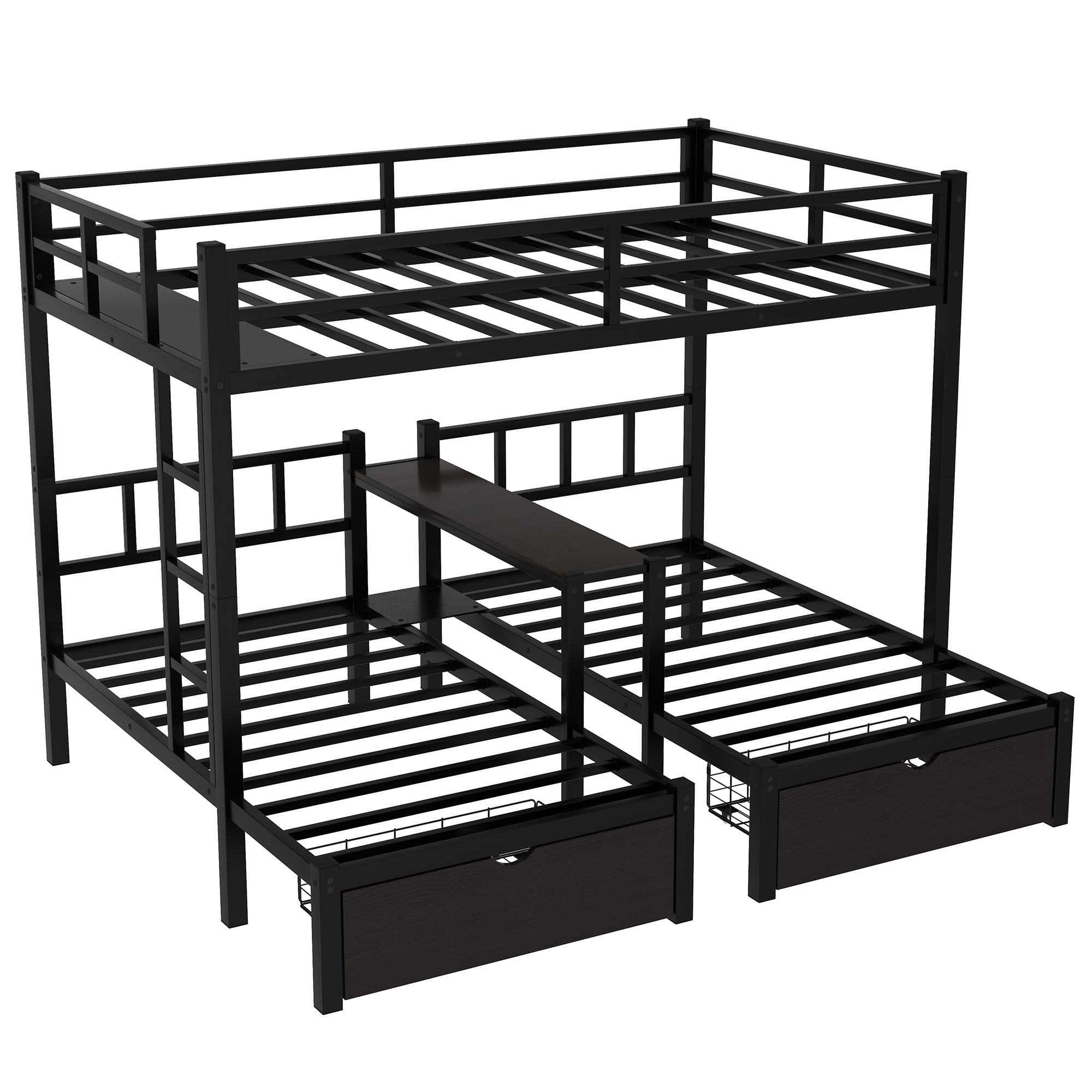 FULL XL Over Twin & Twin Triple Bunk Bed with Drawers, Multi-functional Metal Frame Bed with desks and shelves in the middle, Black