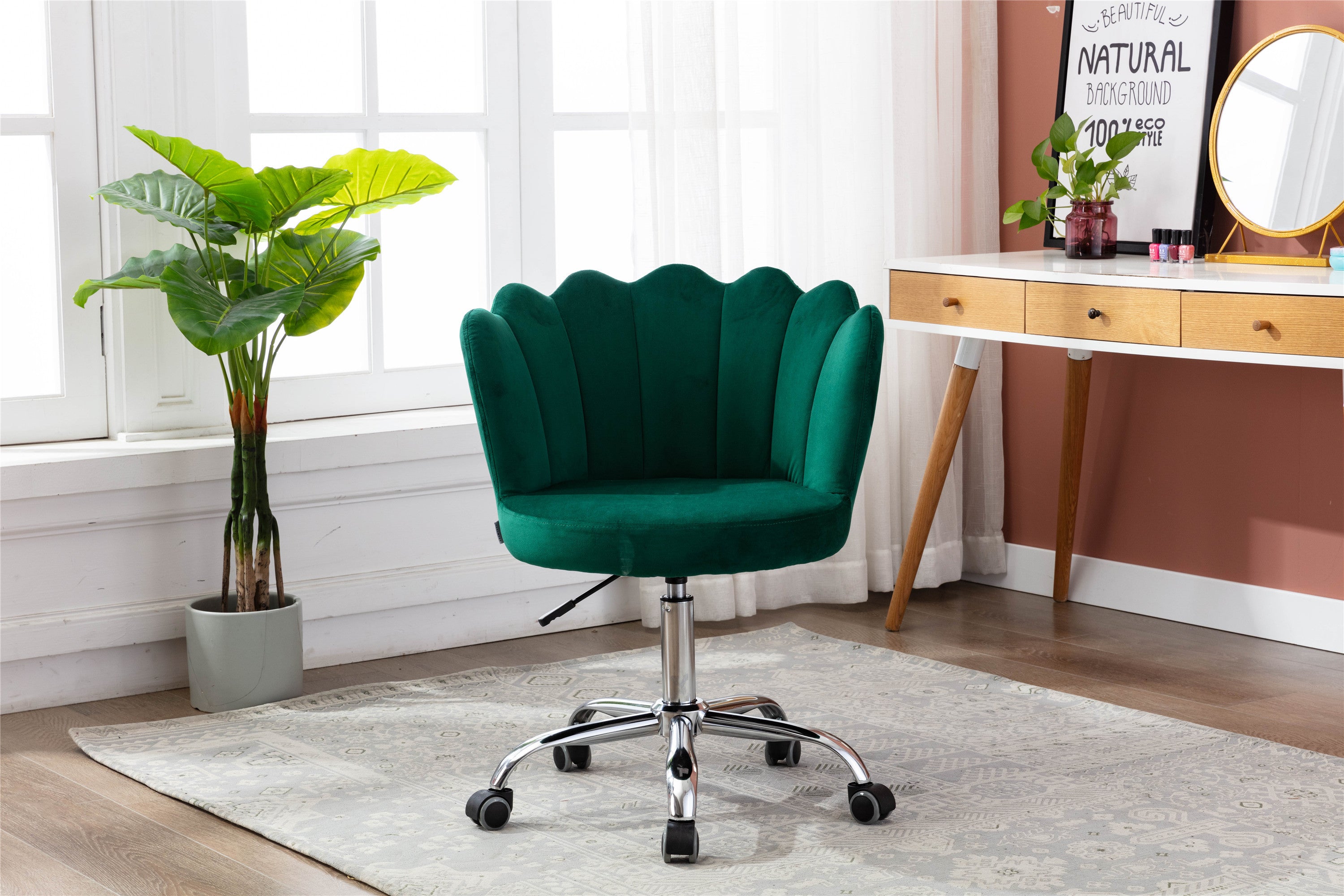 COOLMORE Velvet Home Office Chair with silver Base, Modern Cute Shell Back Upholstered Desk Chair for Vanity, Adjustable Swivel Task Chair for Office(Green Velvet)