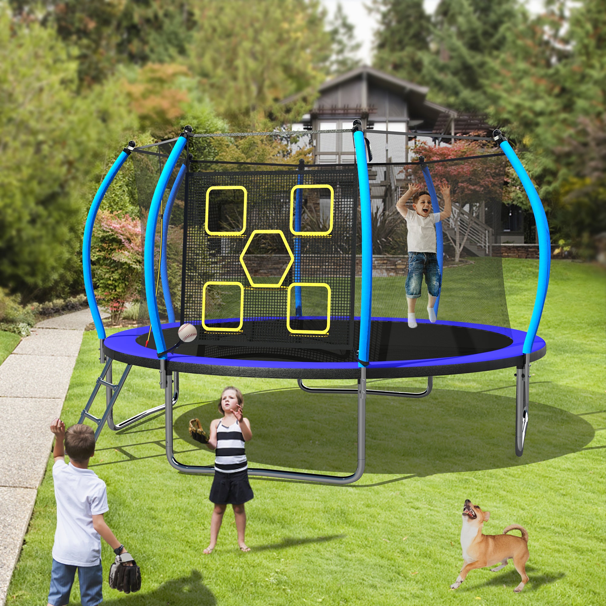 12FT Trampoline with Enclosure - Recreational Trampolines with Ladder, ASTM Approval Outdoor Trampoline for Kids