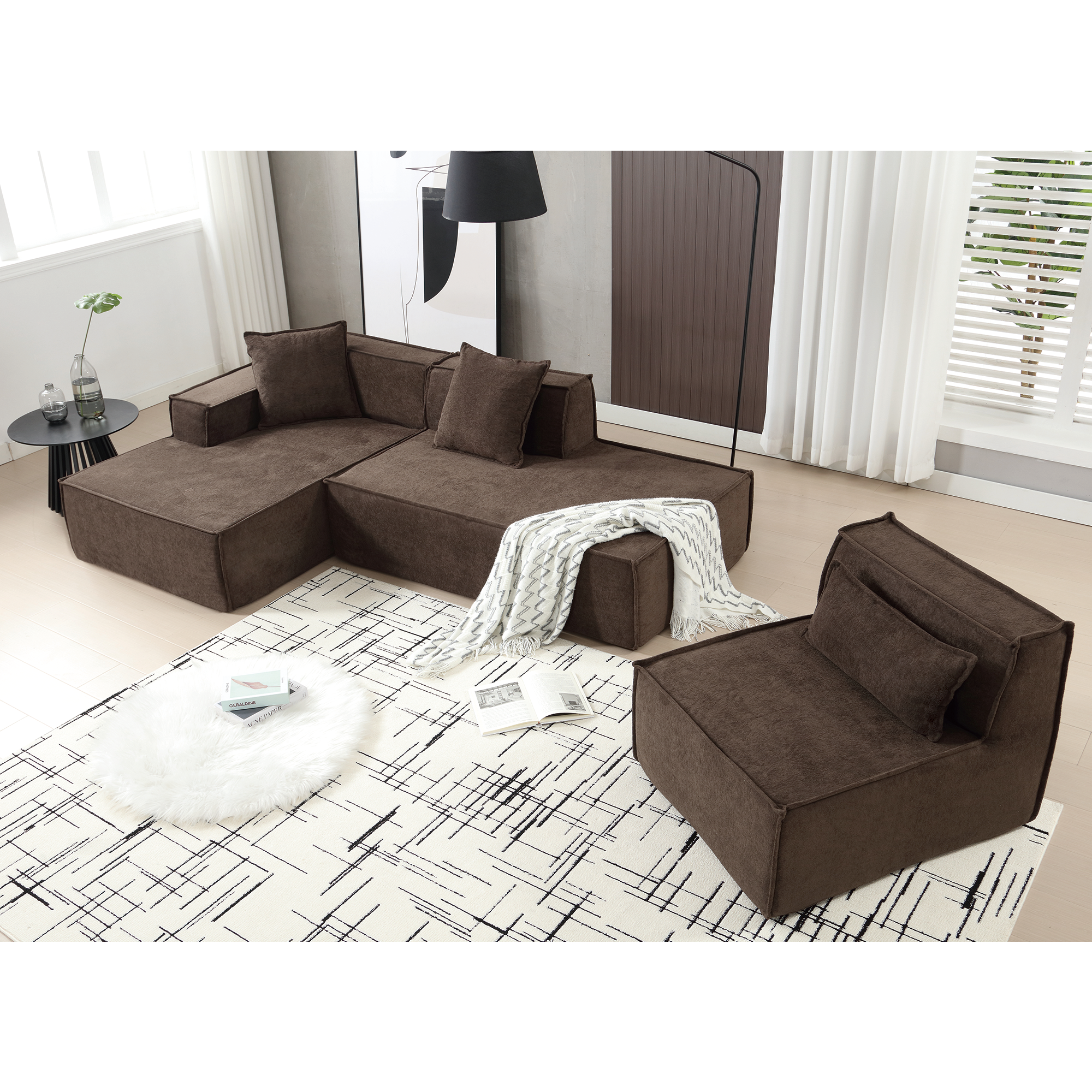 [VIDEO PROVIDED] Modular combination living room sofa set, modern minimalist sofa, free installation sofa, L-shaped, Italian minimalist tofu block sofa, Left-Hand Facing,Terrycloth fabric,Dark brown