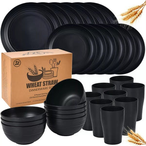 32 Piece Wheat Straw Dinnerware Set - Black Plates and Bowls for 8, Unbreakable,