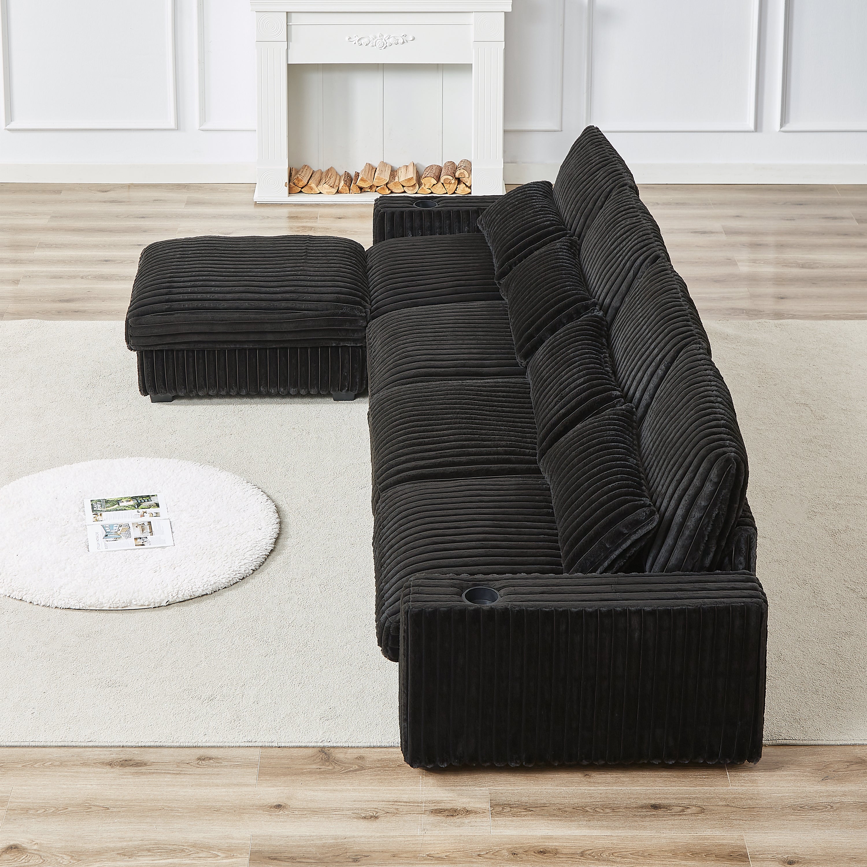 126-inch Corduroy With Cup Holder Super Large L-Shaped Sofa, Movable Footrest, Four Waist Pillows And Four Back Cushion, With USB Port And Type-C Port