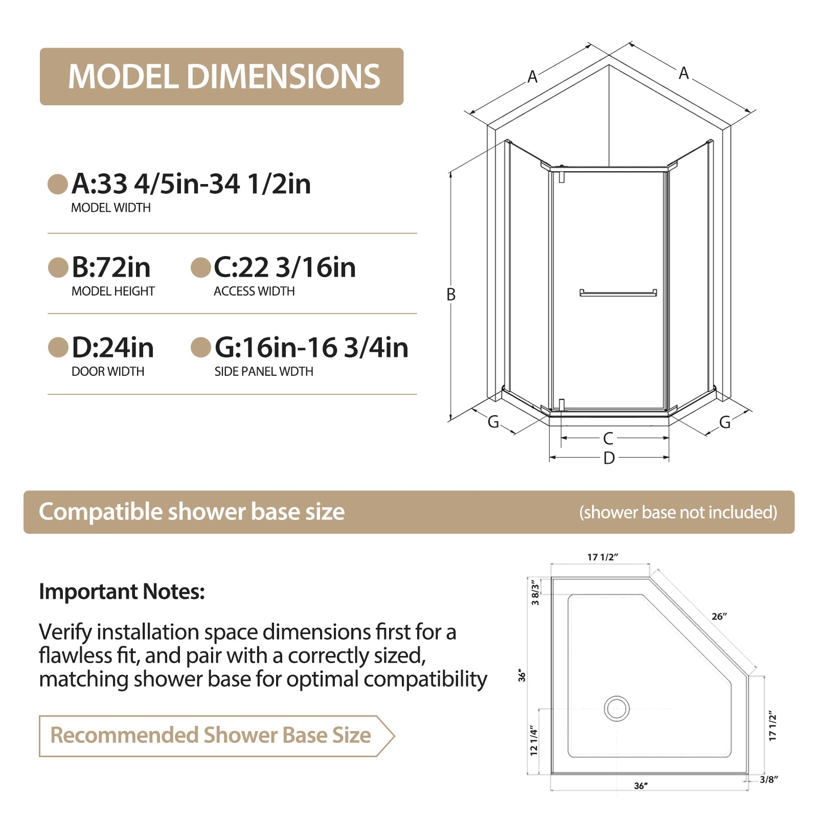 36 x 36 x 72 in Neo-Angle Shower Door - 36 x 36 x 72 in / Clear Glass / Black view 3