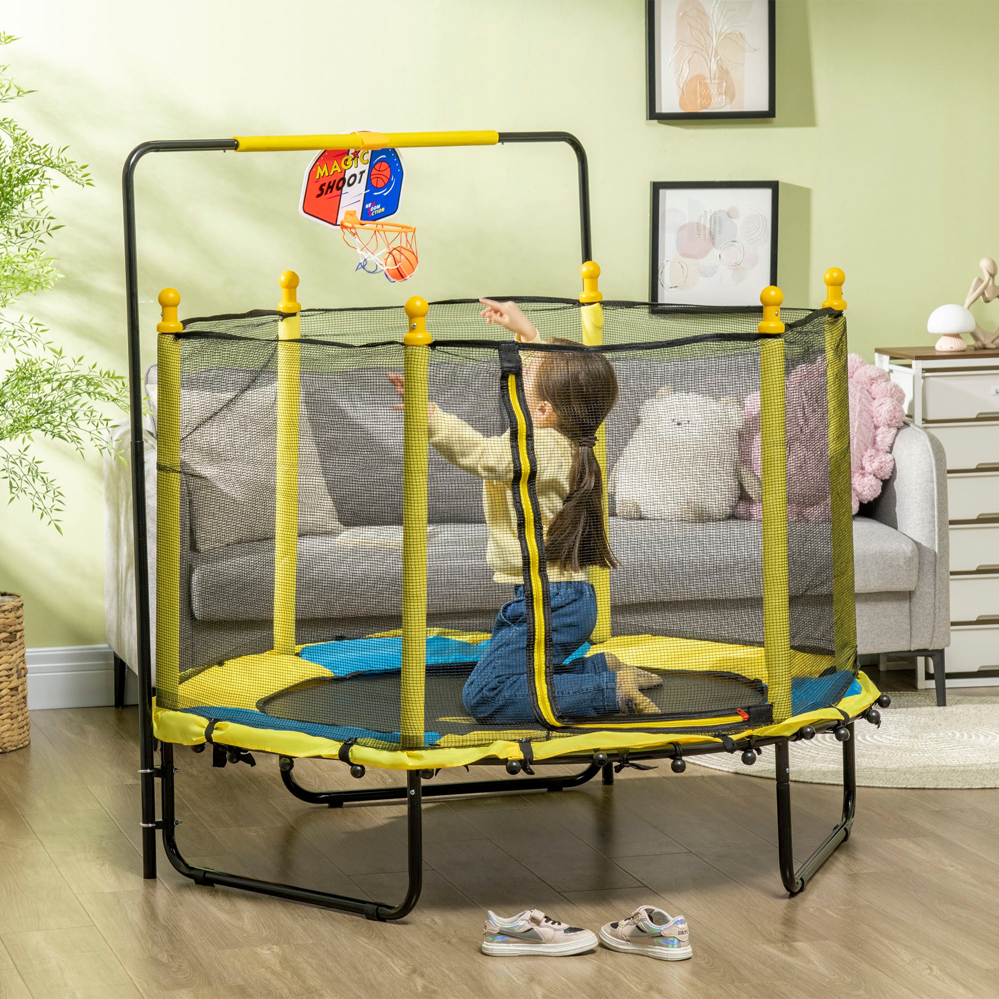 Qaba 4.6' Kids Trampoline with Basketball Hoop, Horizontal Bar, 55" Indoor Trampoline with Net, Small Springfree Trampoline Gifts for Kids Toys, Ages 3-10, Yellow