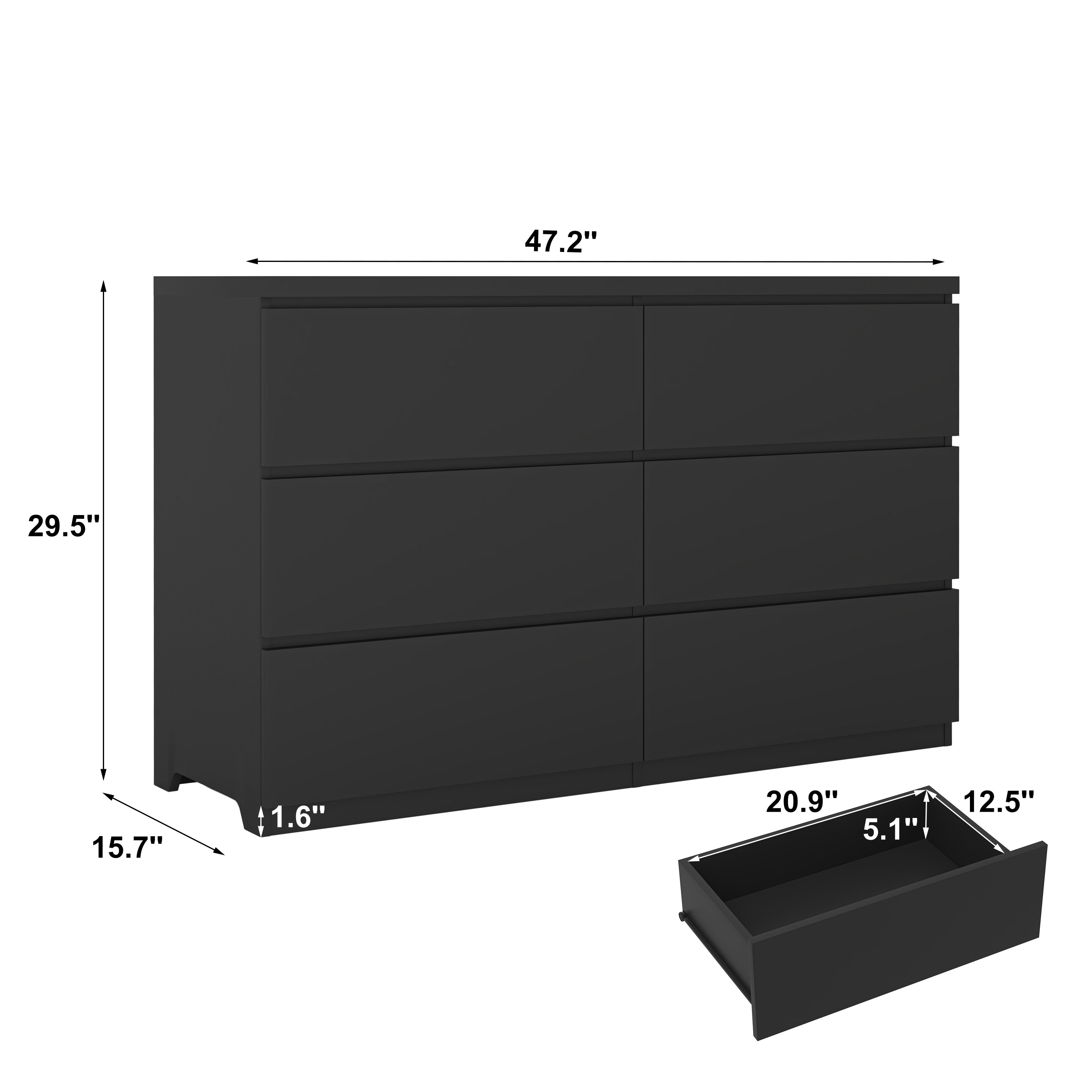 Wide wood chest of 6 drawers, drawers open showing storage space