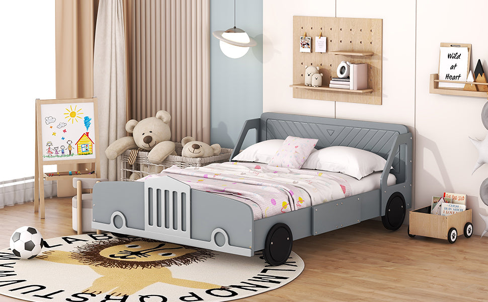 Full Size Car-Shaped Platform Bed with Wheels,Gray