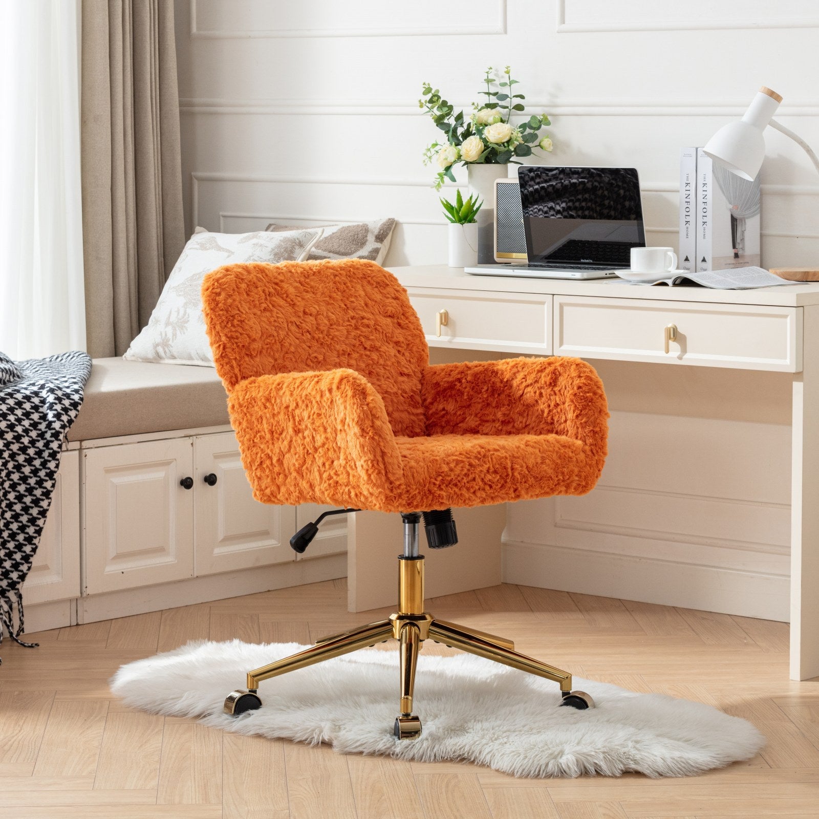 A&A Furniture Office Chair,Artificial rabbit hair Home Office Chair with Golden Metal Base,Adjustable Desk Chair Swivel Office Chair,Vanity Chair(Orange)