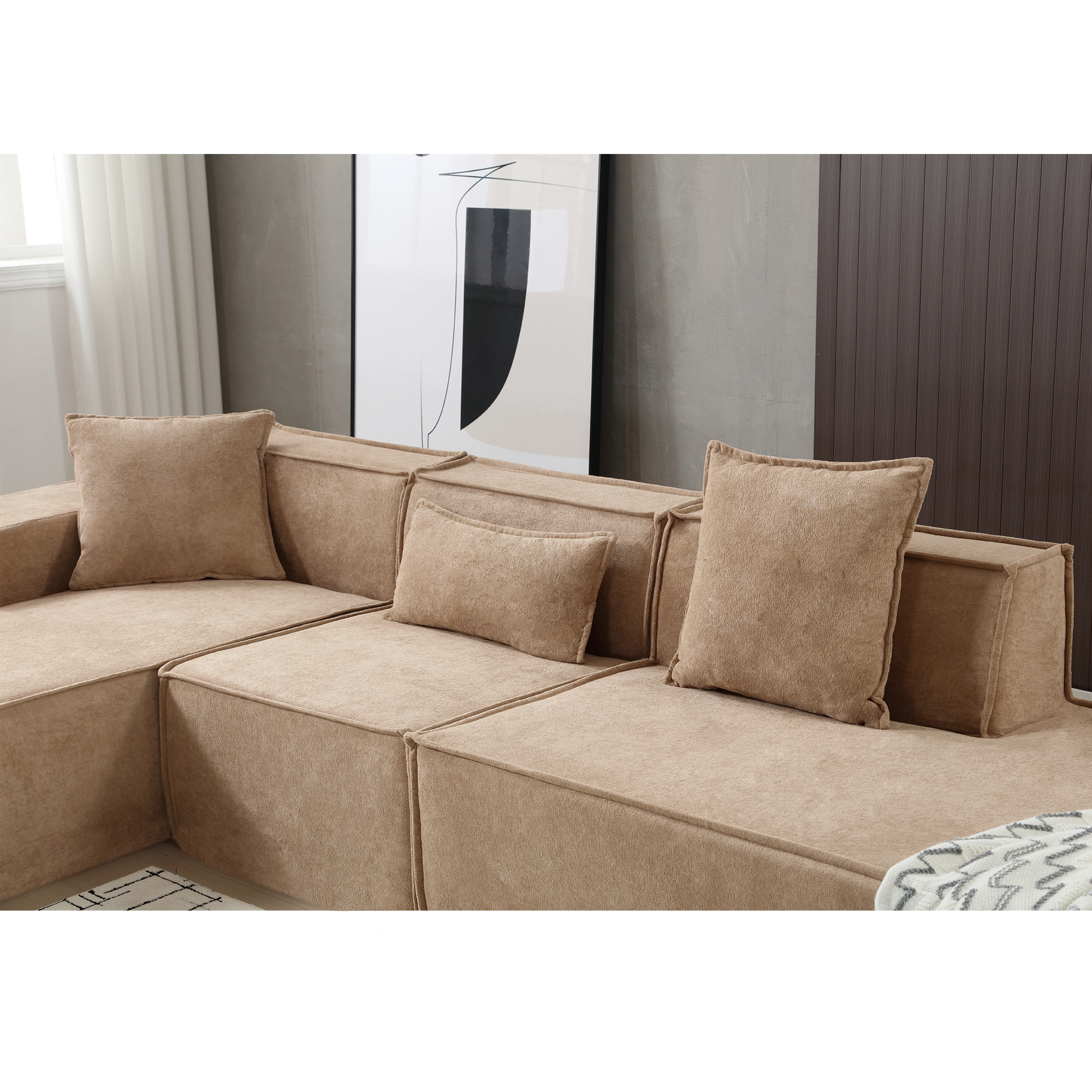 [VIDEO PROVIDED] Modular combination living room sofa set, modern minimalist sofa, free installation sofa, L-shaped, Italian minimalist tofu block sofa, Left-Hand Facing,Terrycloth fabric, Light Brown