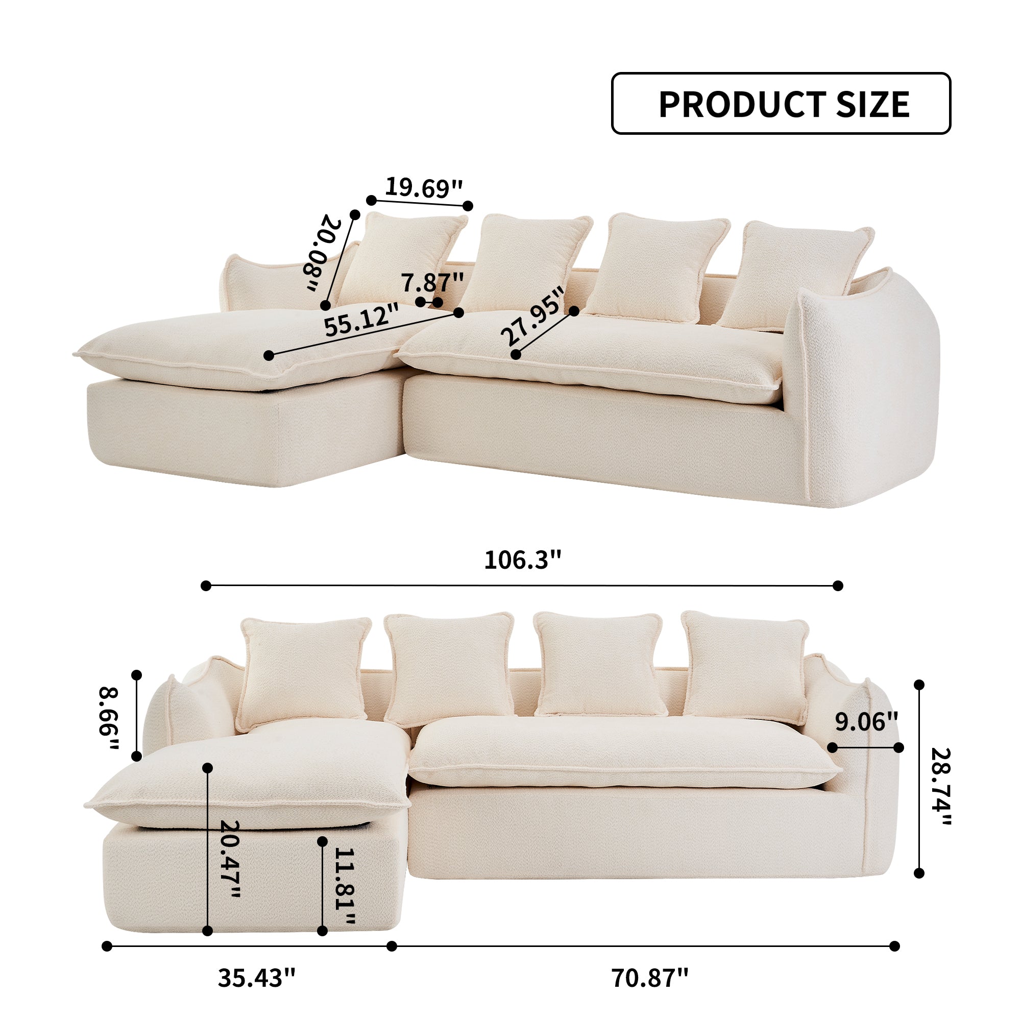 VIDEO provided  Sofa Deep Seat Sofa 3 Seater for Living Room Oversized Comfy Sofa L-Shape Sofa Couch with Chaise Home Furniture Sleeper Sectional Sofa for Apartment, Office Left Hand Facing