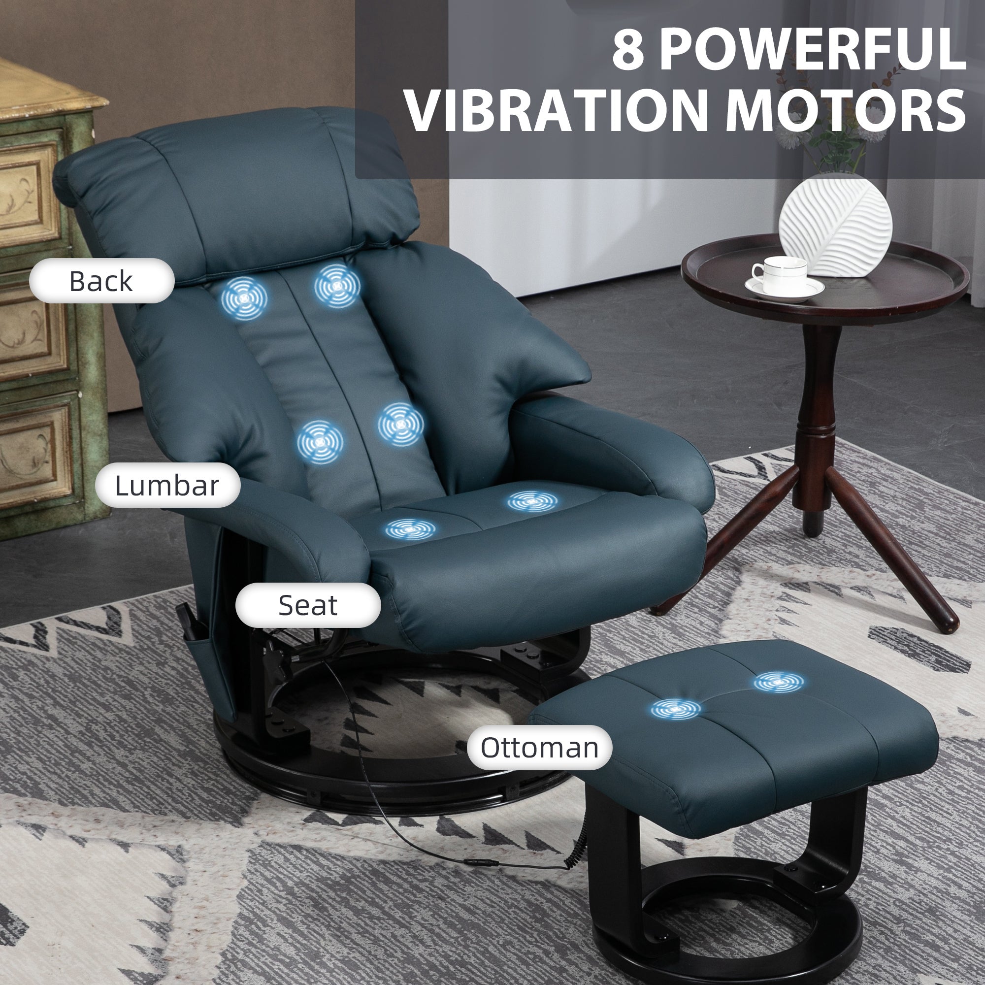 HOMCOM Massage Recliner Chair with Footstool, 360° Swivel Recliner, Blue