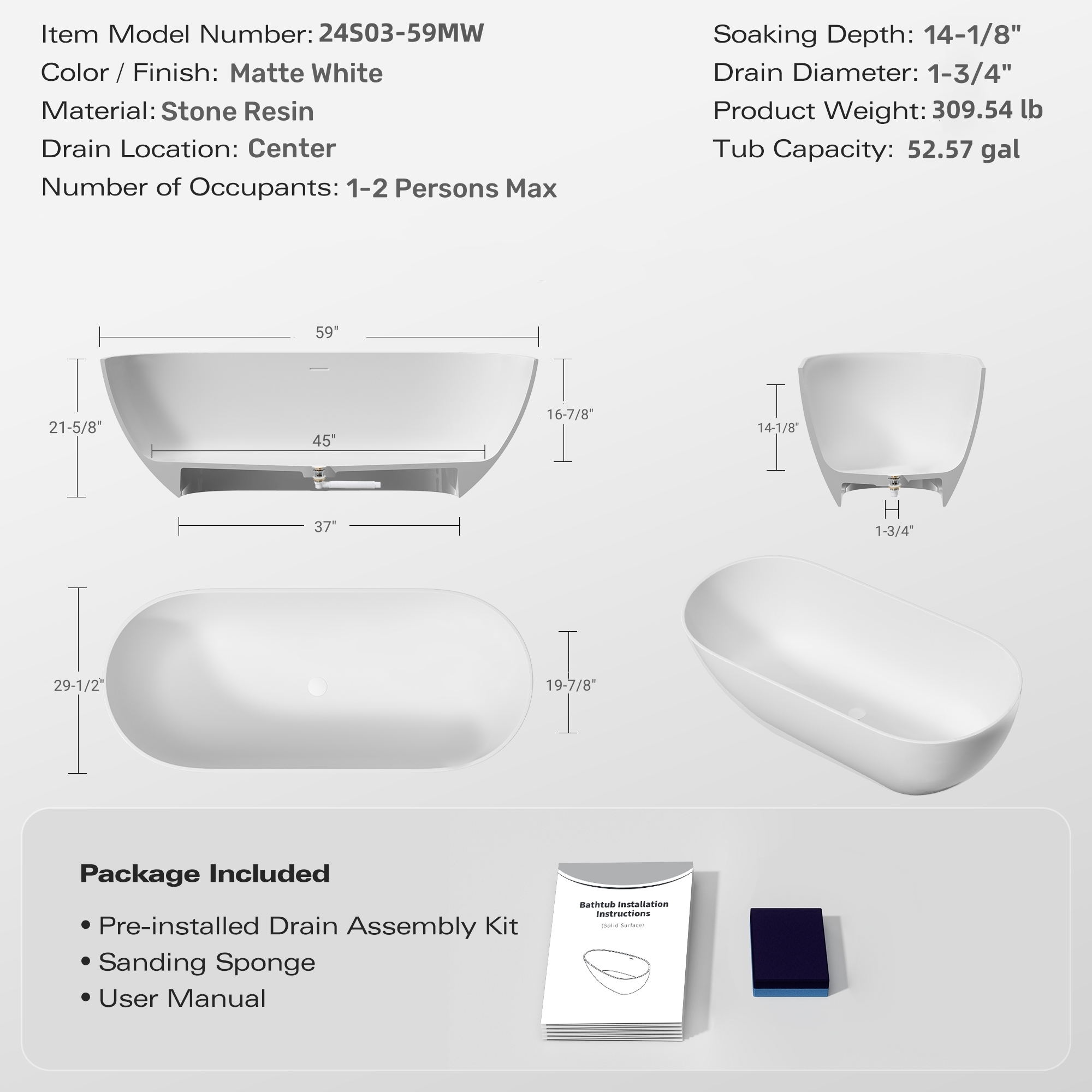 59" Freestanding Solid Surface Bathtub, Luxury Engineered Stone Resin Freestanding Soaking Bathtub with Overflow and Pop-up Drain for Contemporary Bathroom, Matte White 24S03-59MW