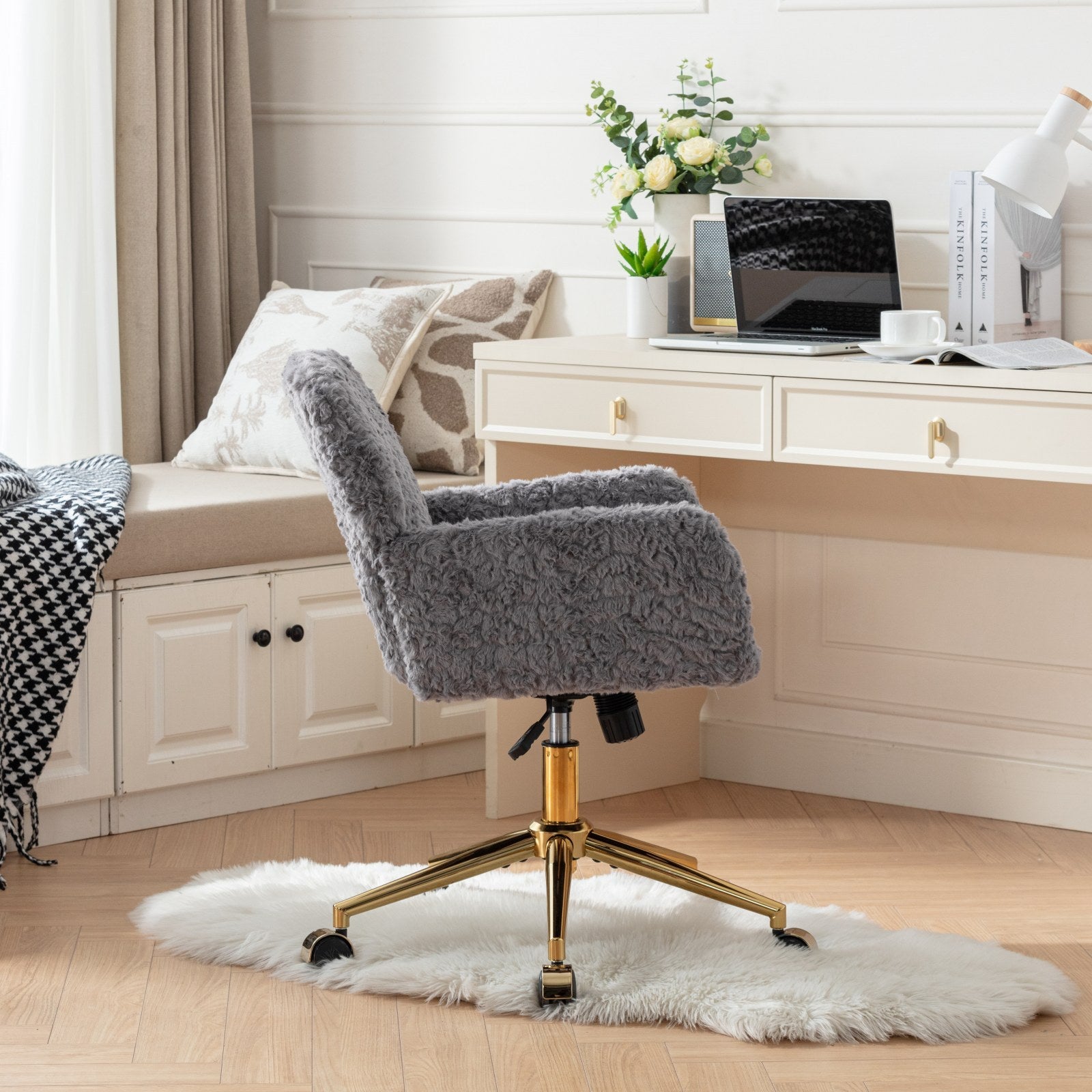 A&A Furniture Office Chair,Artificial rabbit hair Home Office Chair with Golden Metal Base,Adjustable Desk Chair Swivel Office Chair,Vanity Chair(Gray)