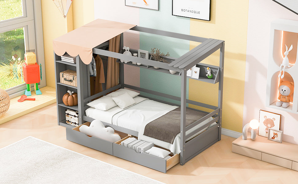 Twin size House Bed with Two Drawers and Wardrobe,Gray