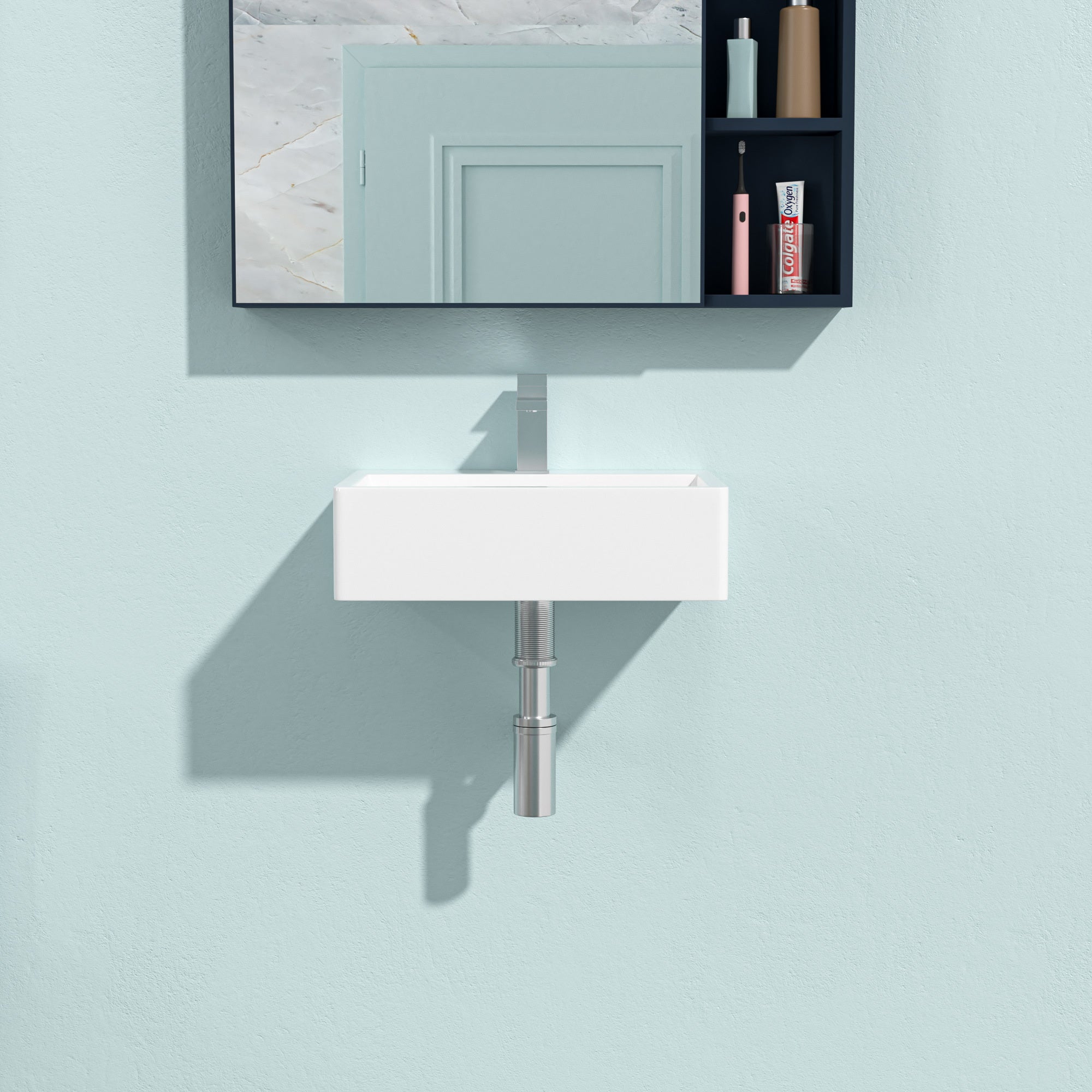 21"x16" White Ceramic Rectangular Wall Mounted Bathroom Sink with Faucet Hole and Overflow