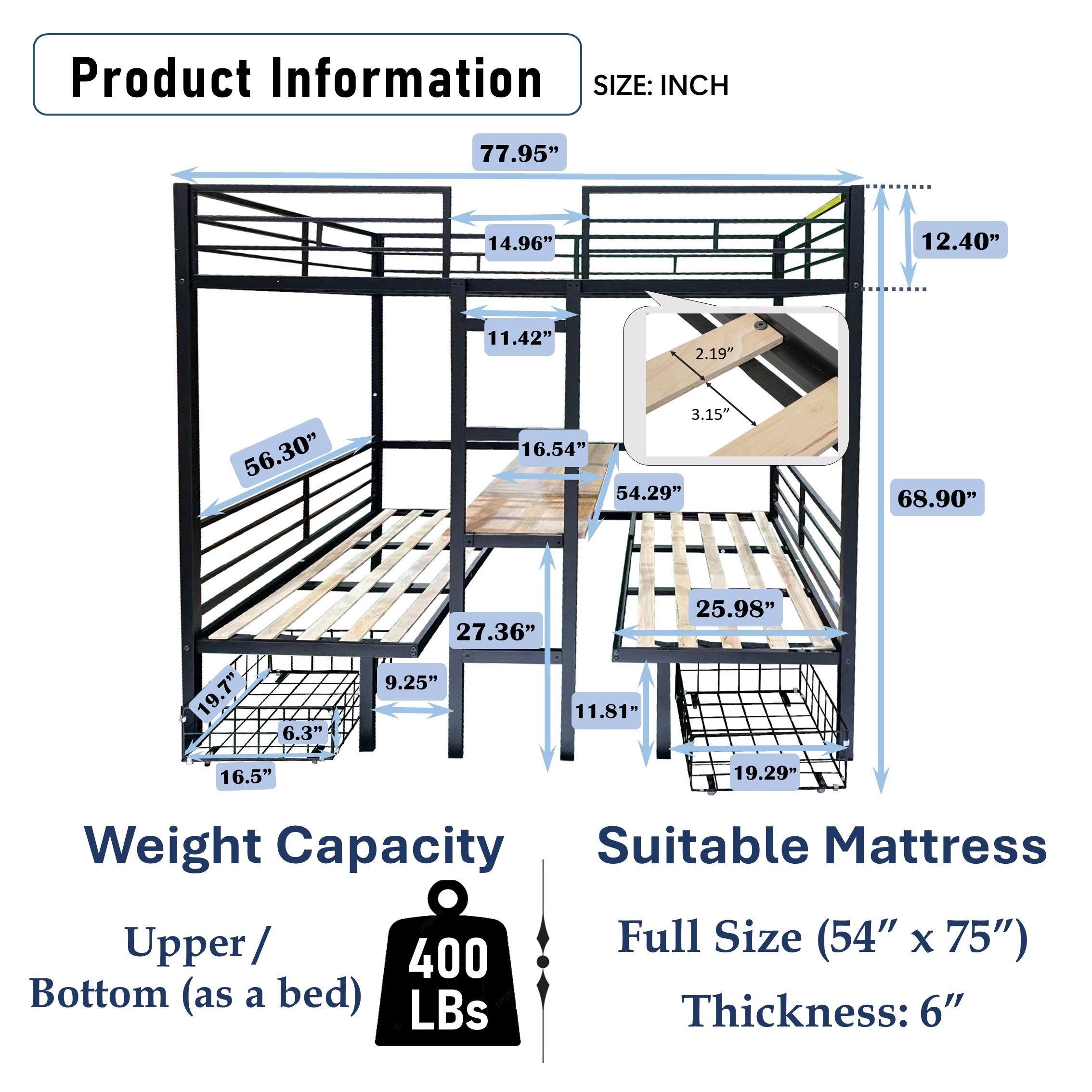 Full Size Loft Bed with Table Set Transformable to Full over Full Bunk