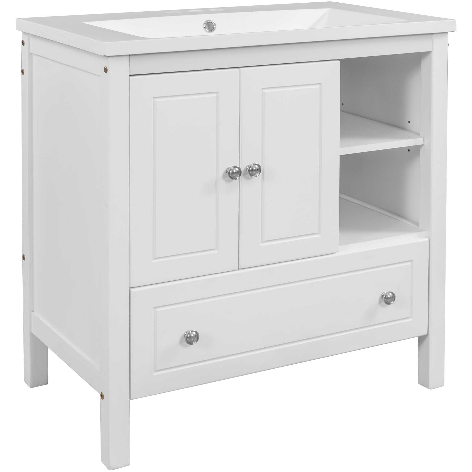 [VIDEO] 30" Bathroom Vanity with Sink, Bathroom Storage Cabinet with Doors and Drawers, Solid Wood Frame, Ceramic Sink, White