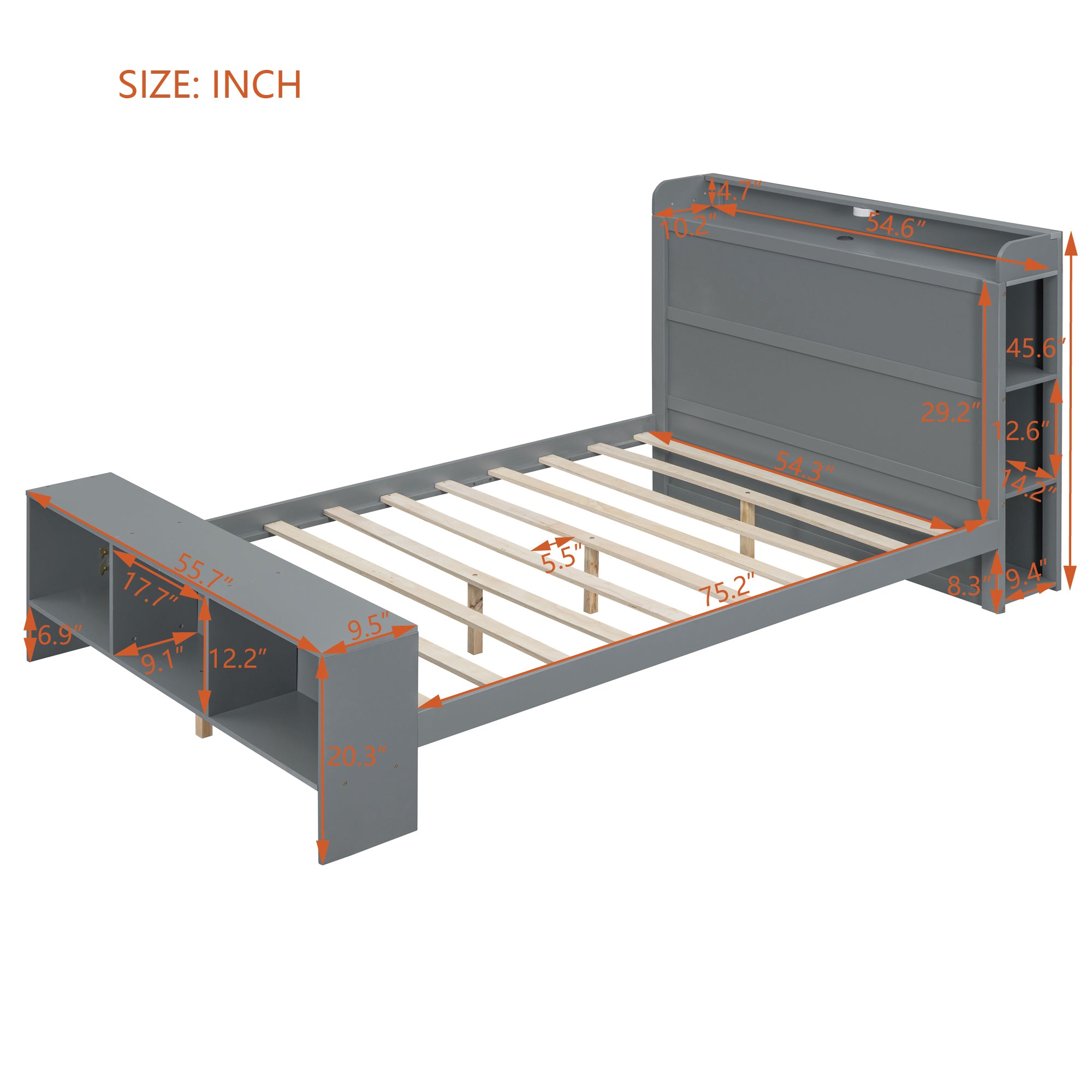 Full Size Platform Bed with built-in shelves, LED Light and USB ports, Gray