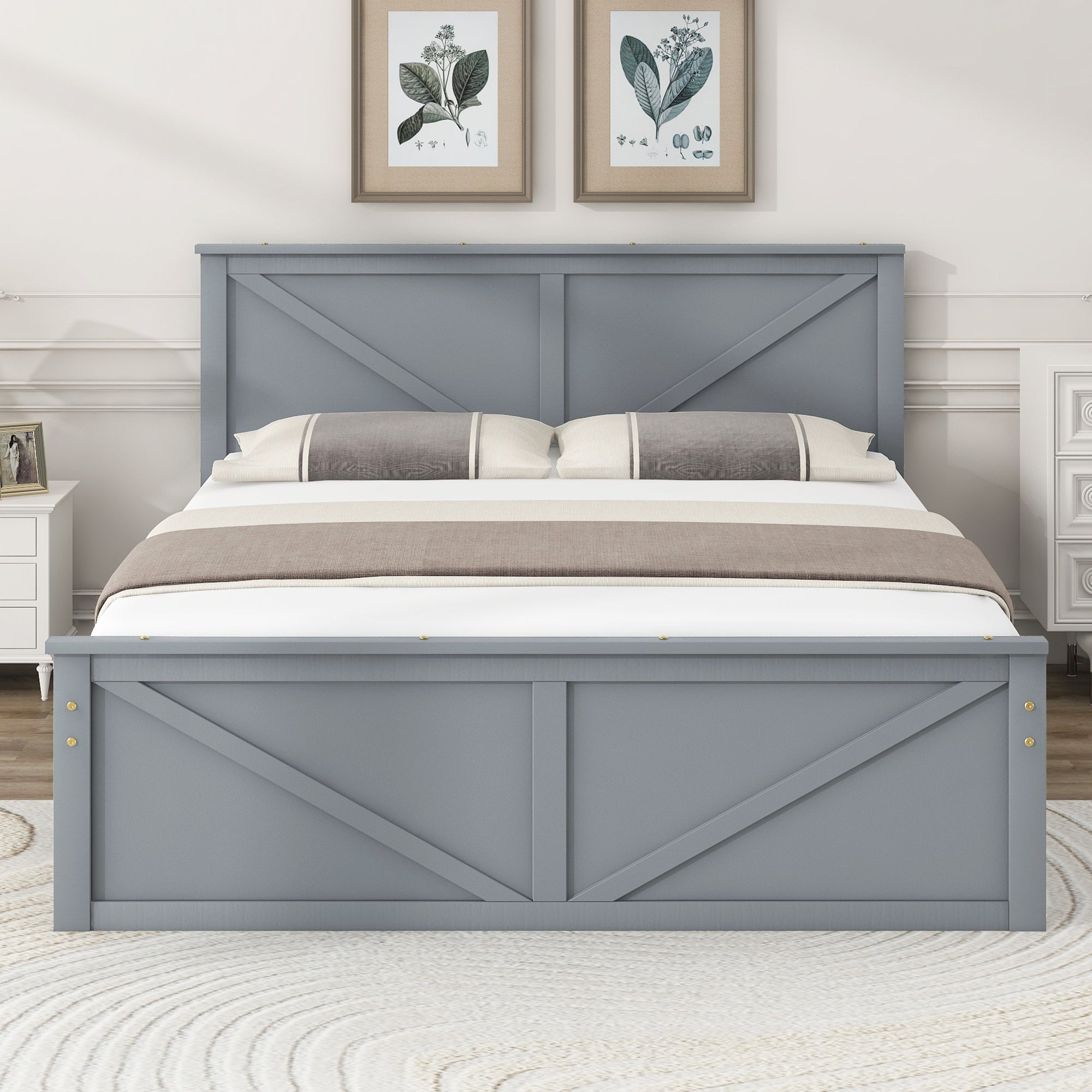 Queen Size Wooden Platform Bed with Four Storage Drawers and Support Legs, Gray