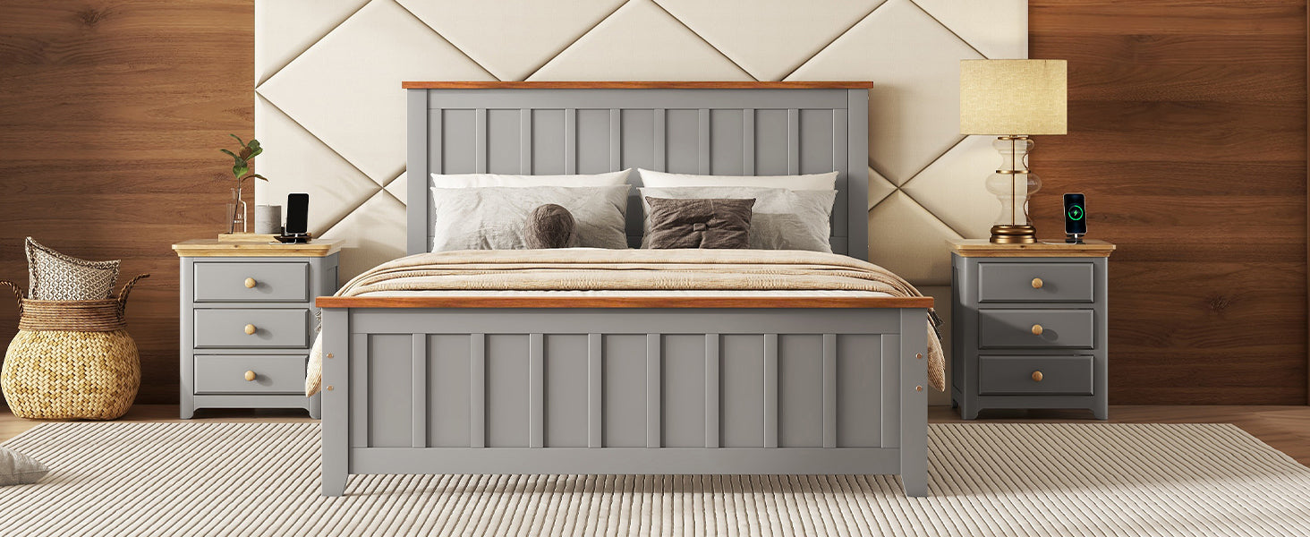 Full Size Wood Platform Bed Wooden Slat Support, Vintage Simple Bed Frame with Rectangular Headboard and Footboard, Grey