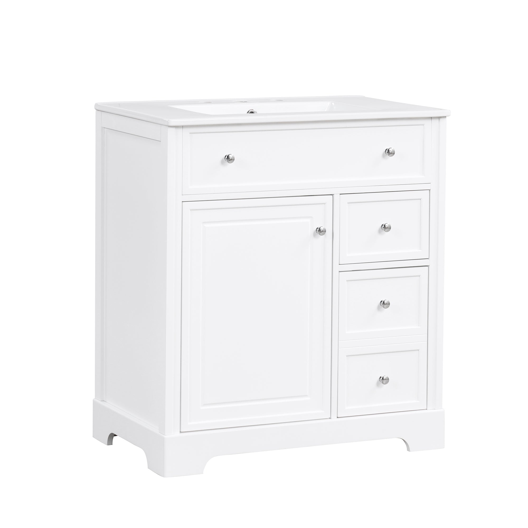 30" Bathroom Vanity with Sink Top, Bathroom Vanity Cabinet with Door and Two Drawers, MDF Boards, Solid Wood, One Package, White