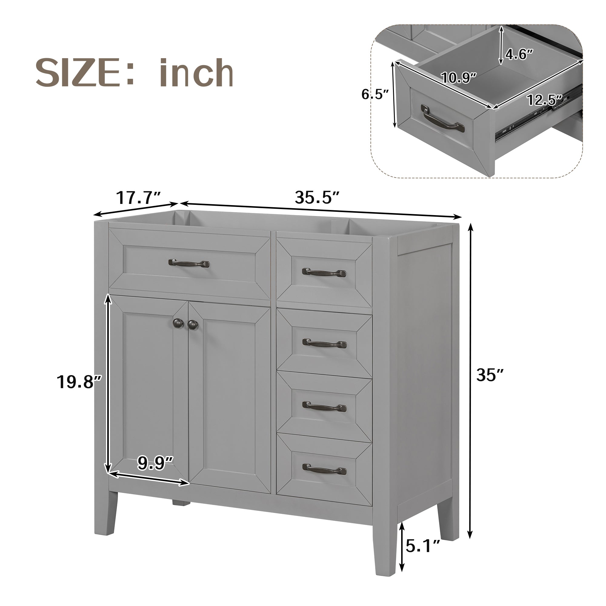 36" Bathroom Vanity without Sink, Cabinet Base Only, Bathroom Cabinet with Drawers, Solid Frame and MDF Board, Grey