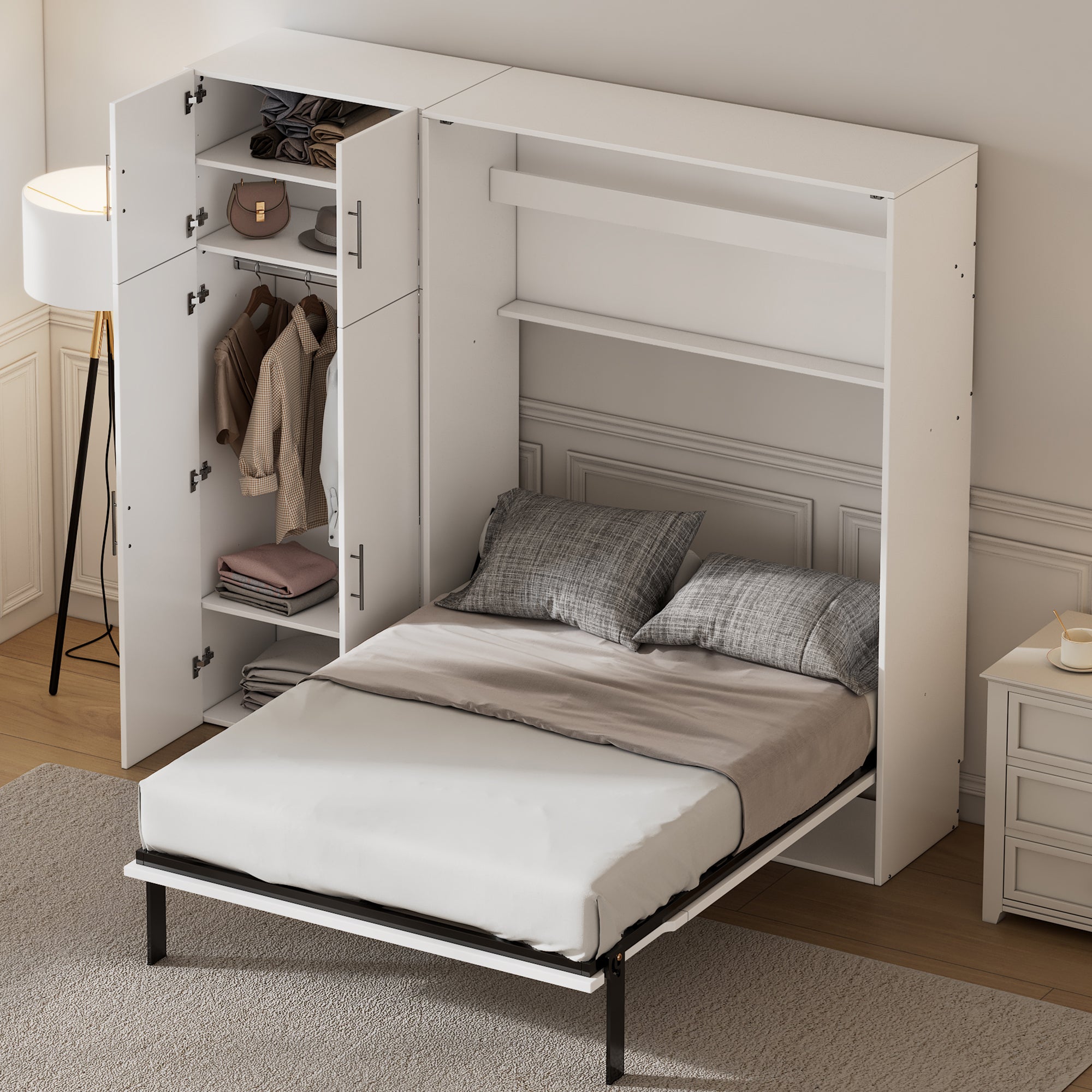 Full Size Murphy Bed with Lockers and Wardrobes, White